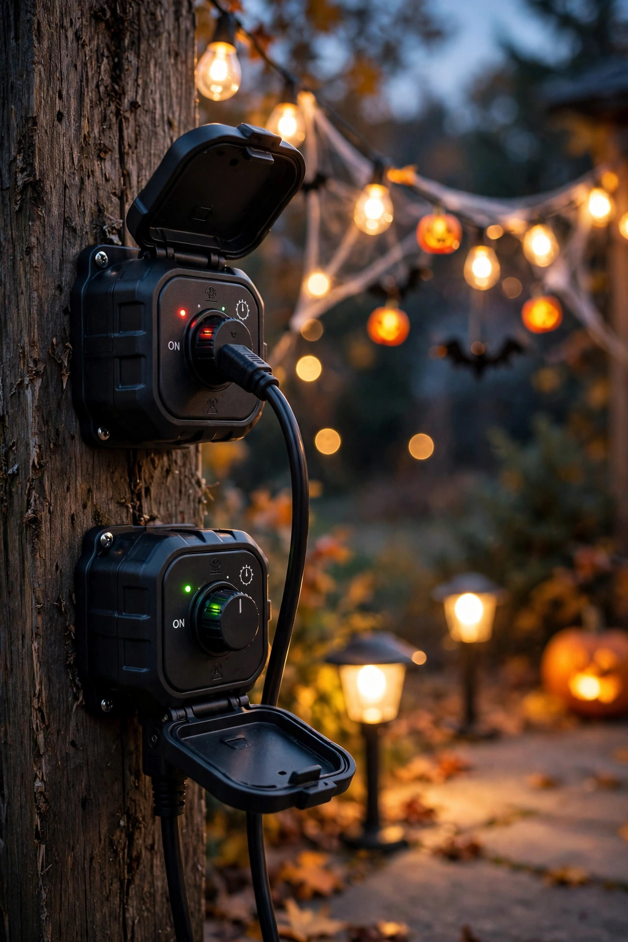 Outdoor smart plug and timer setup glowing beside a lake house deck as string lights switch on at dusk