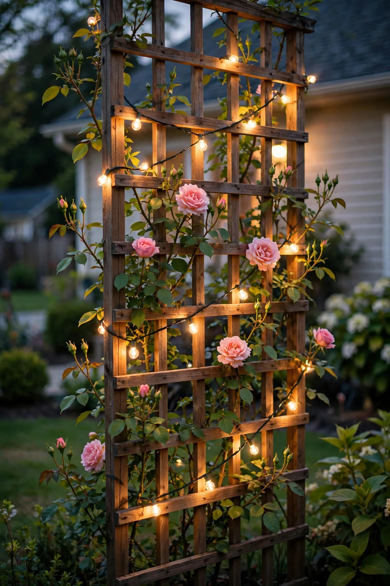 Garden trellis with climbing roses woven with warm string lights glowing at dusk
