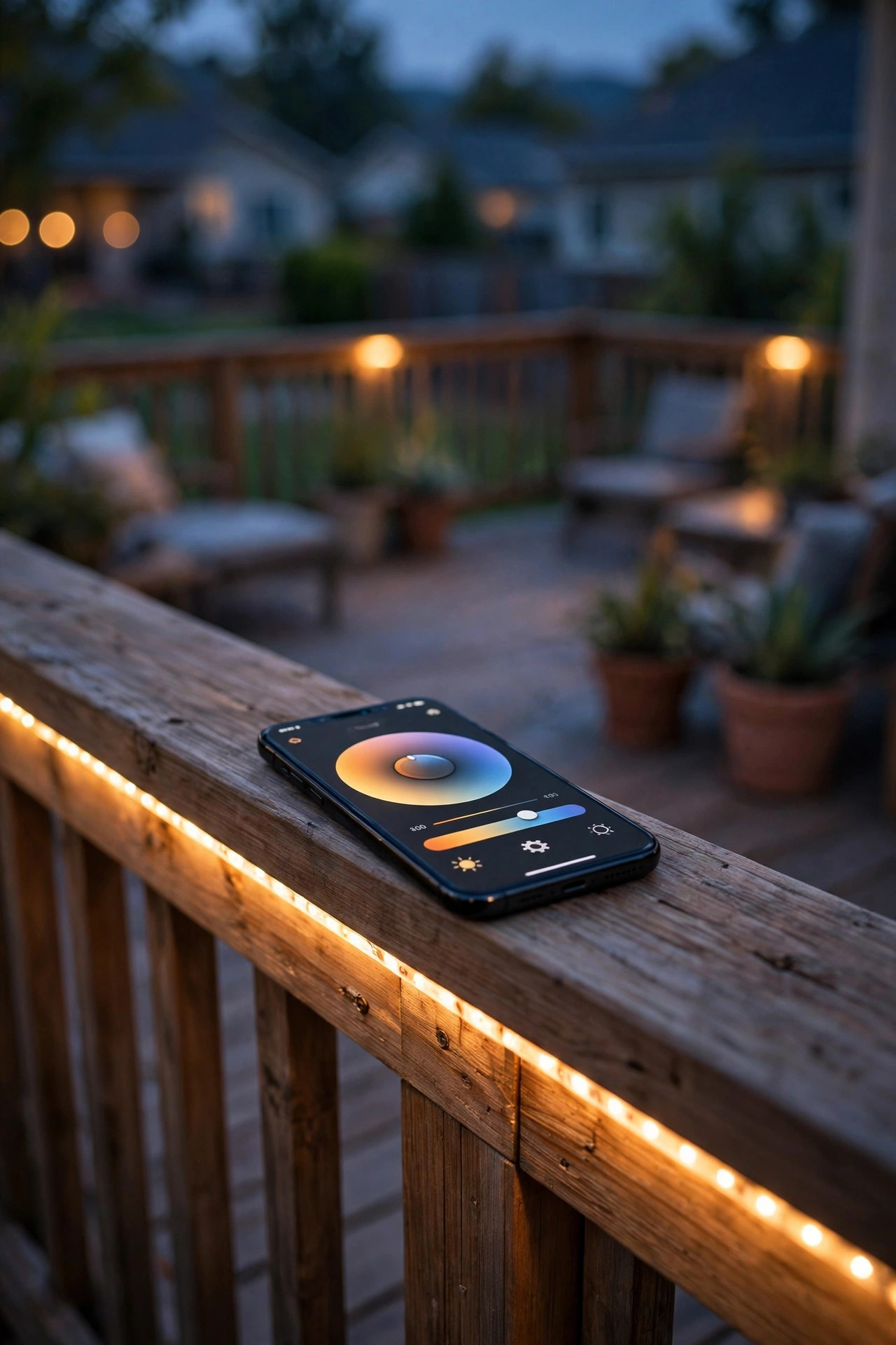 Deck rail LED strip glowing in warm tone with phone showing tunable white color temperature control
