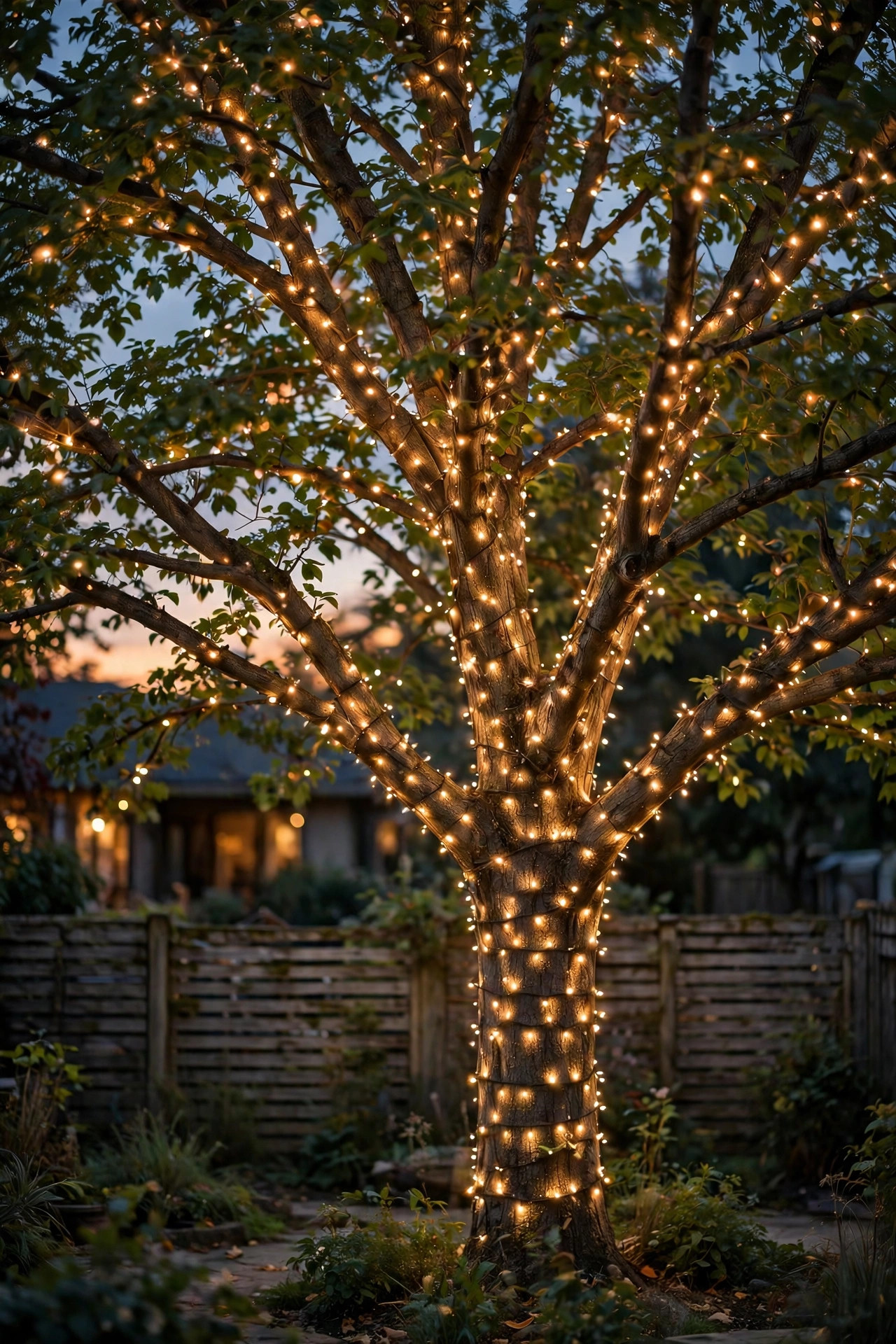 Backyard tree wrapped in warm white lights with gentle twinkle strands shimmering in the branches