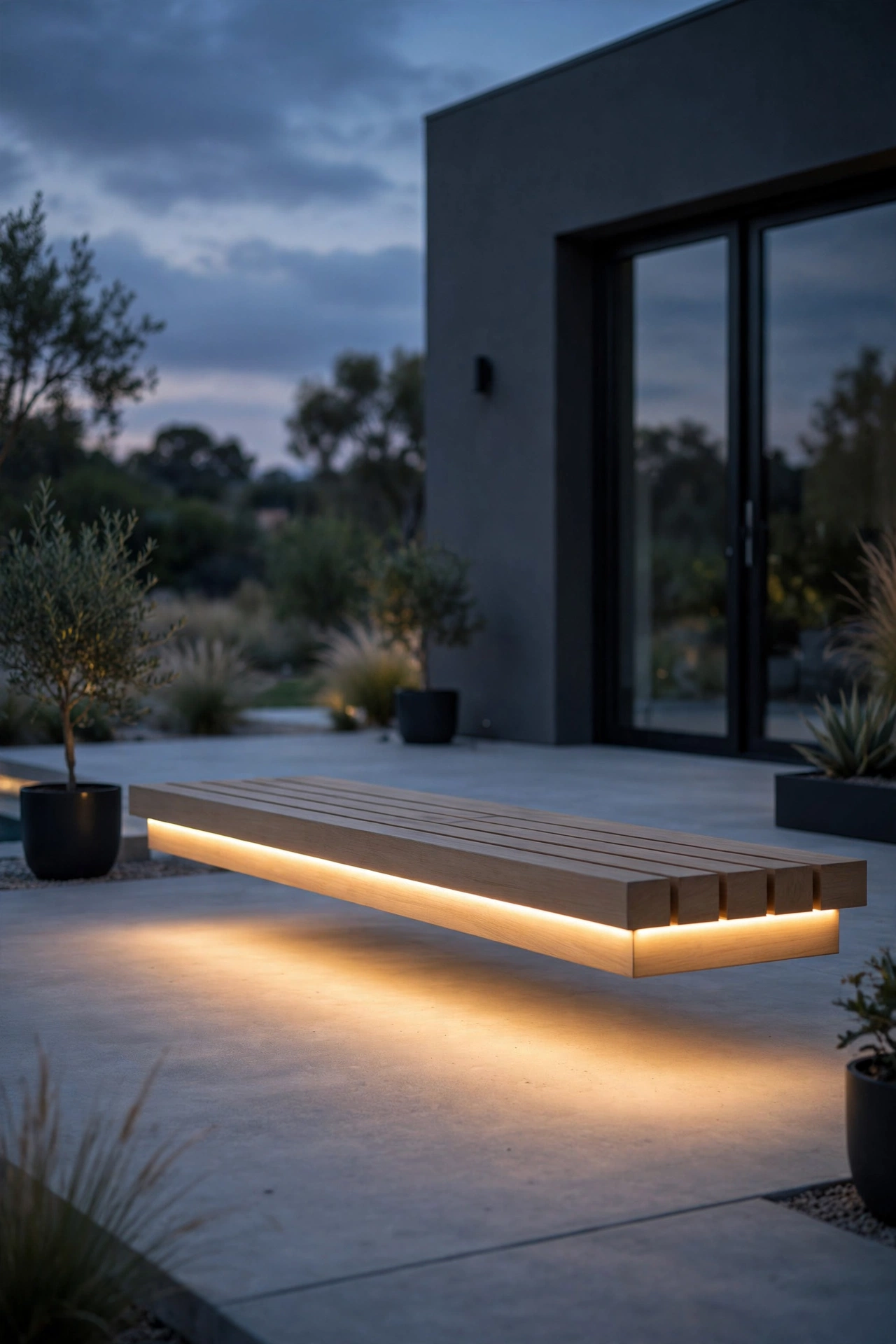 Hidden LED strip under a floating modern bench making it appear to hover at night