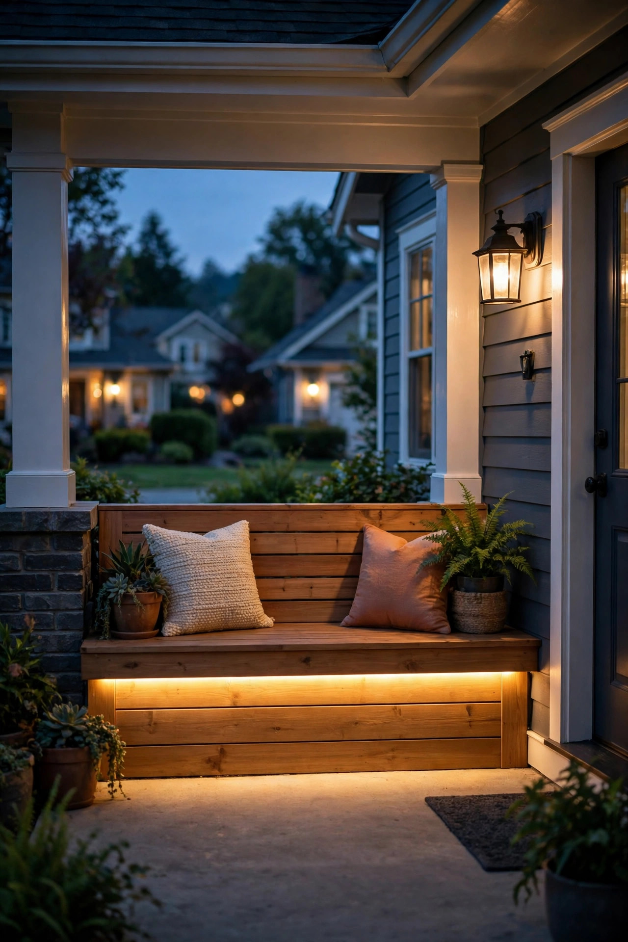Warm LED strip light glowing beneath a built-in porch bench creating a floating effect