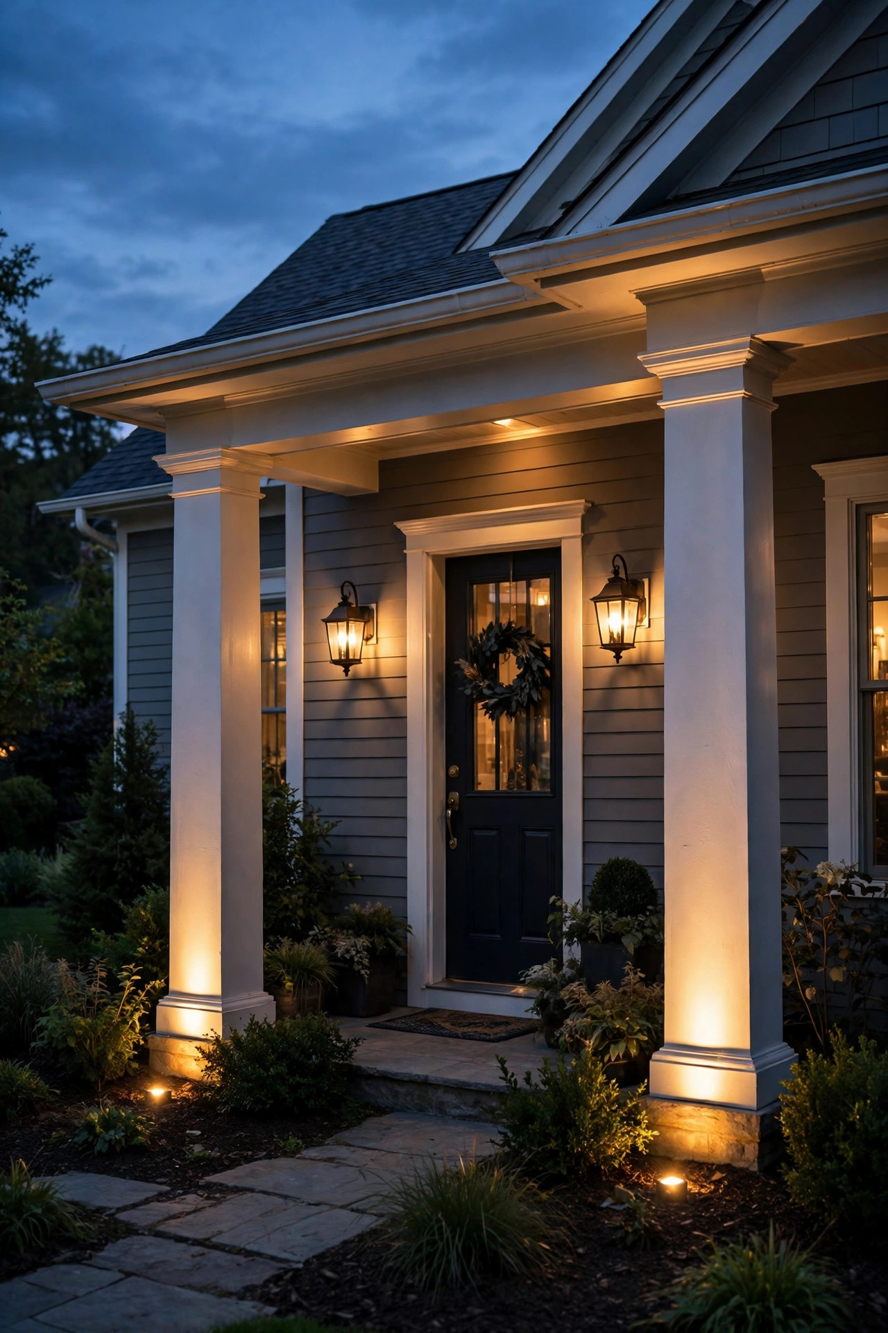 Porch columns framed by both ground uplights and warm eye-level lanterns in a layered evening lighting design