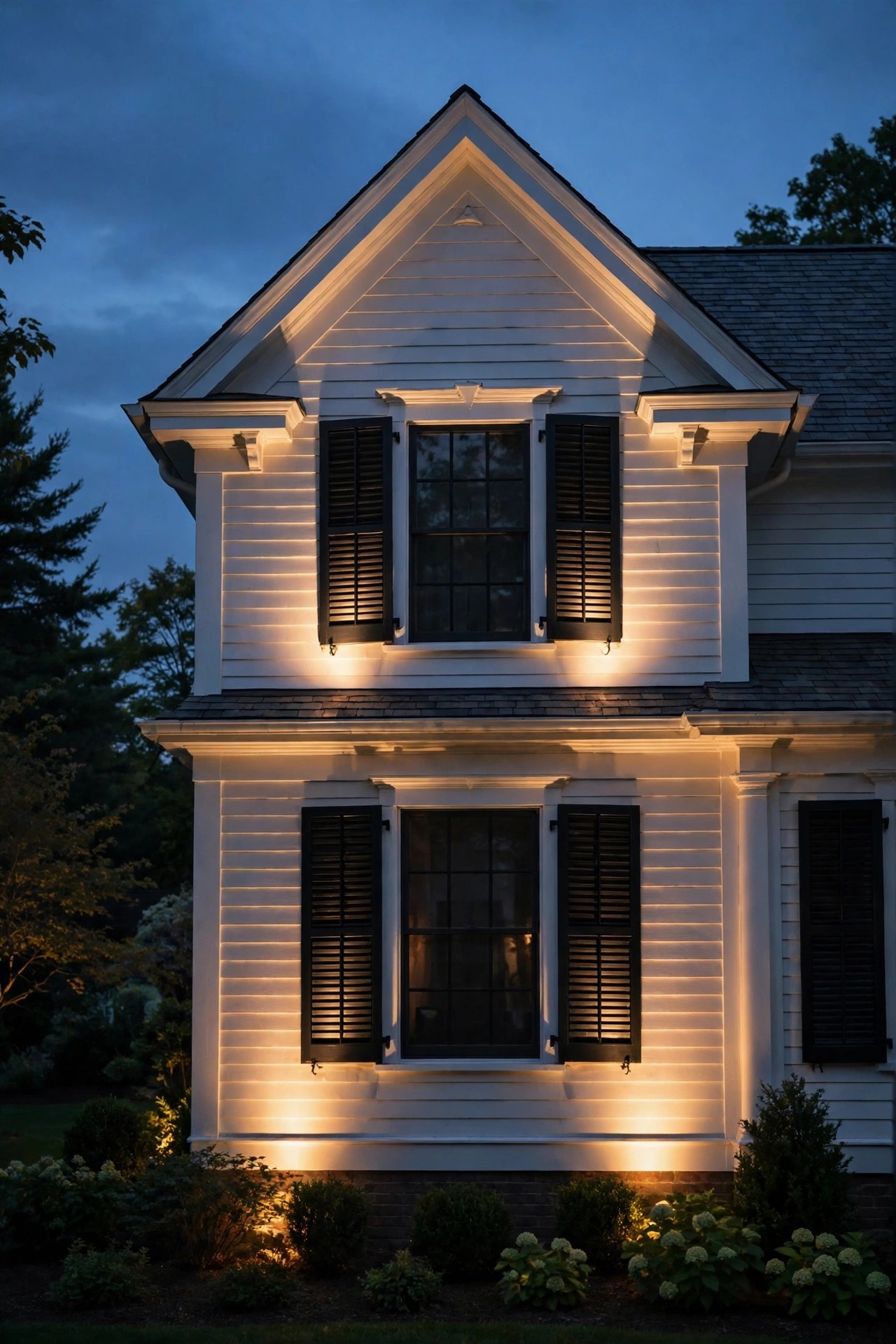 Soft uplights grazing dark shutters and a white gable on a colonial home at night