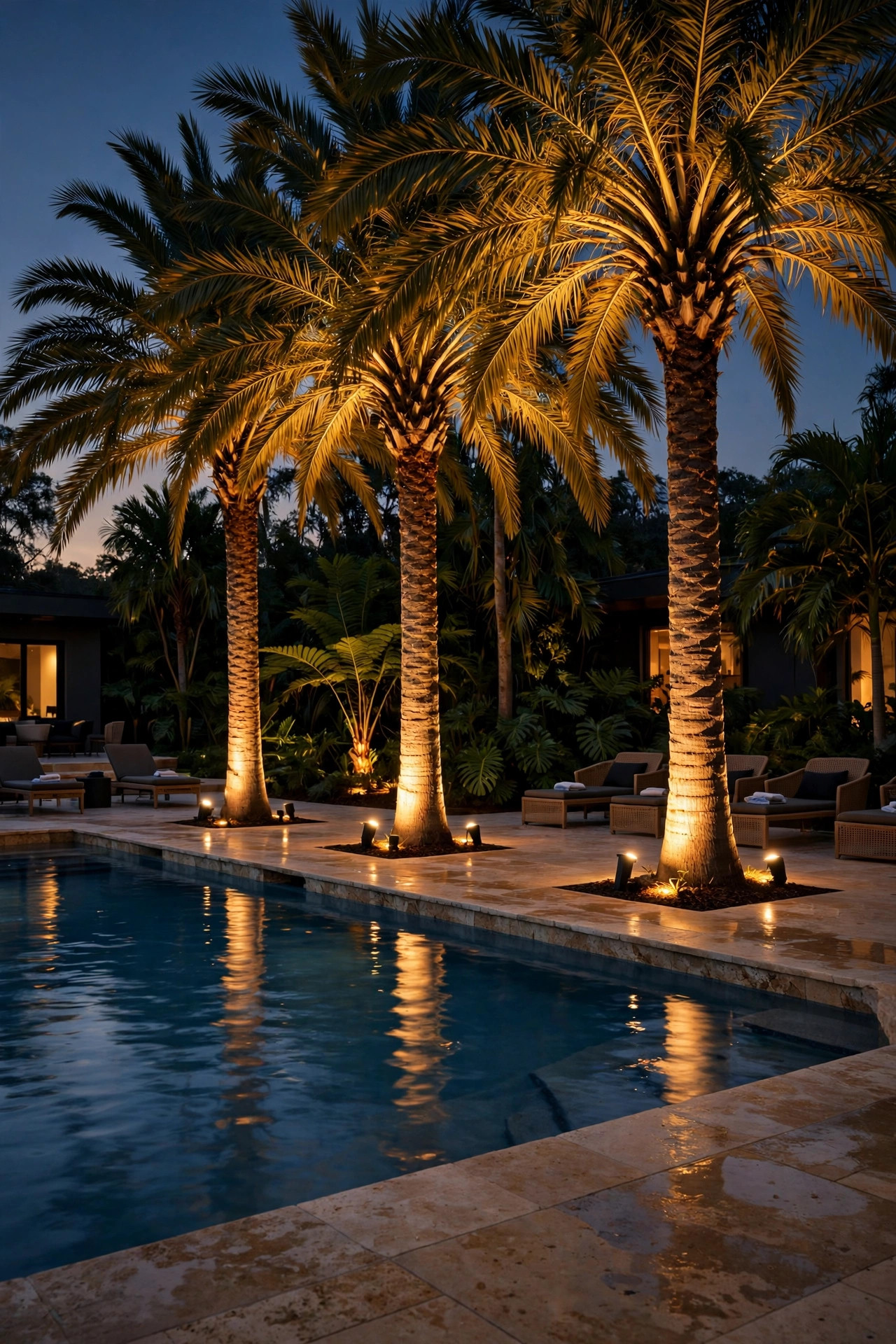 Uplights at the base of palm trees behind a pool deck washing warm light up into the fronds at night