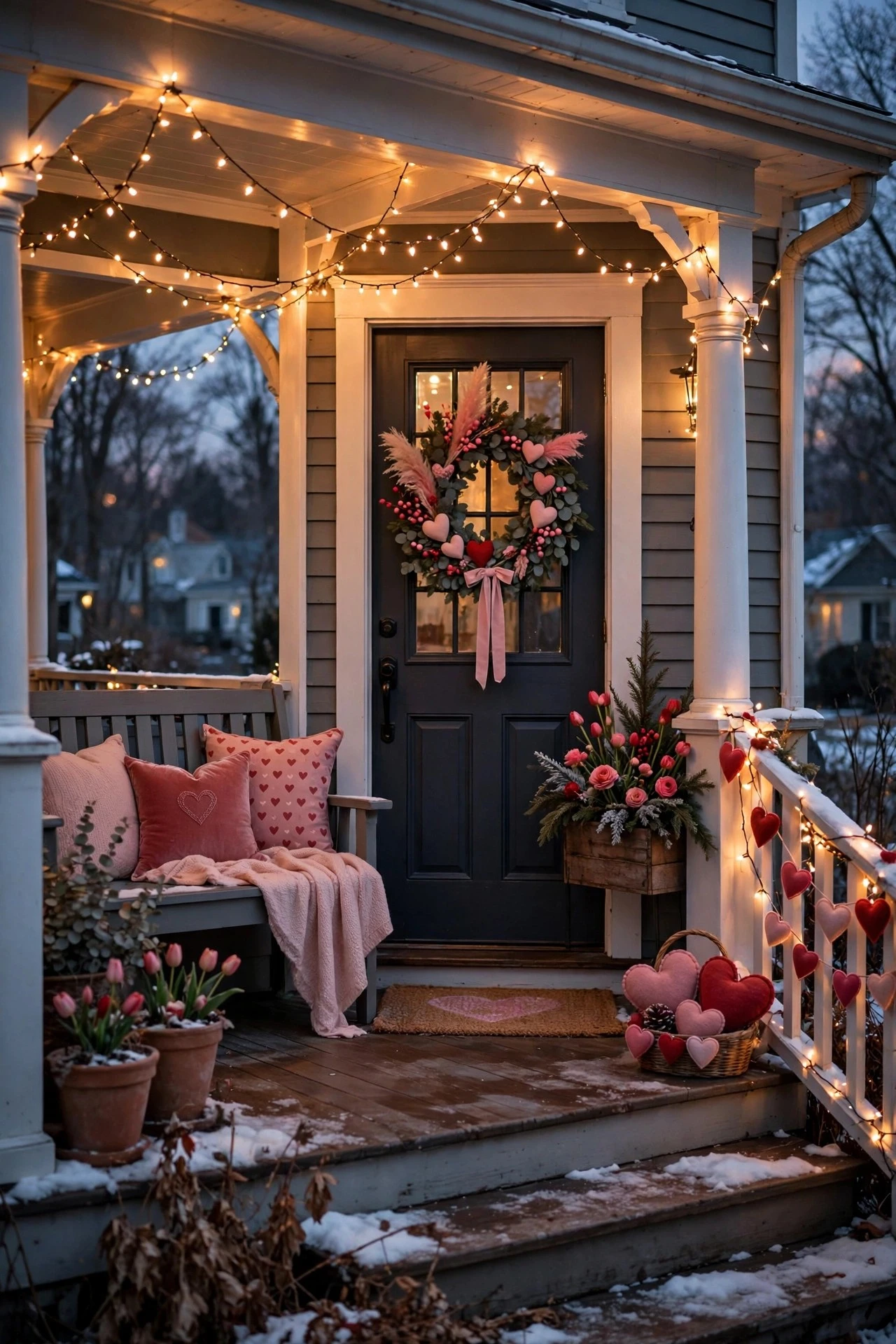 Winter porch with blush red Valentine's accents added over warm white fairy lights in February