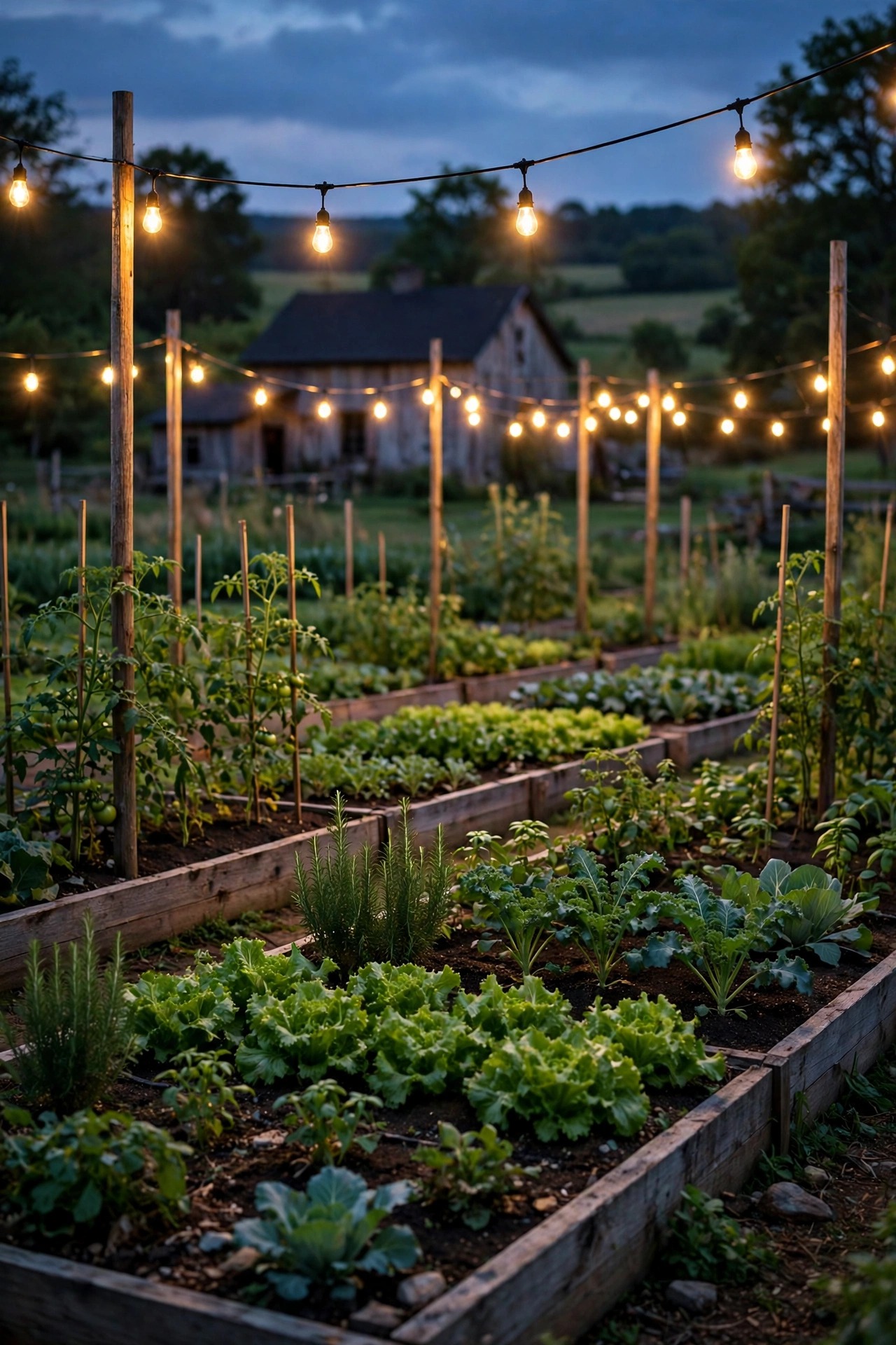 Low string lights over rows of a farmhouse vegetable garden at dusk with raised poles and warm bulbs