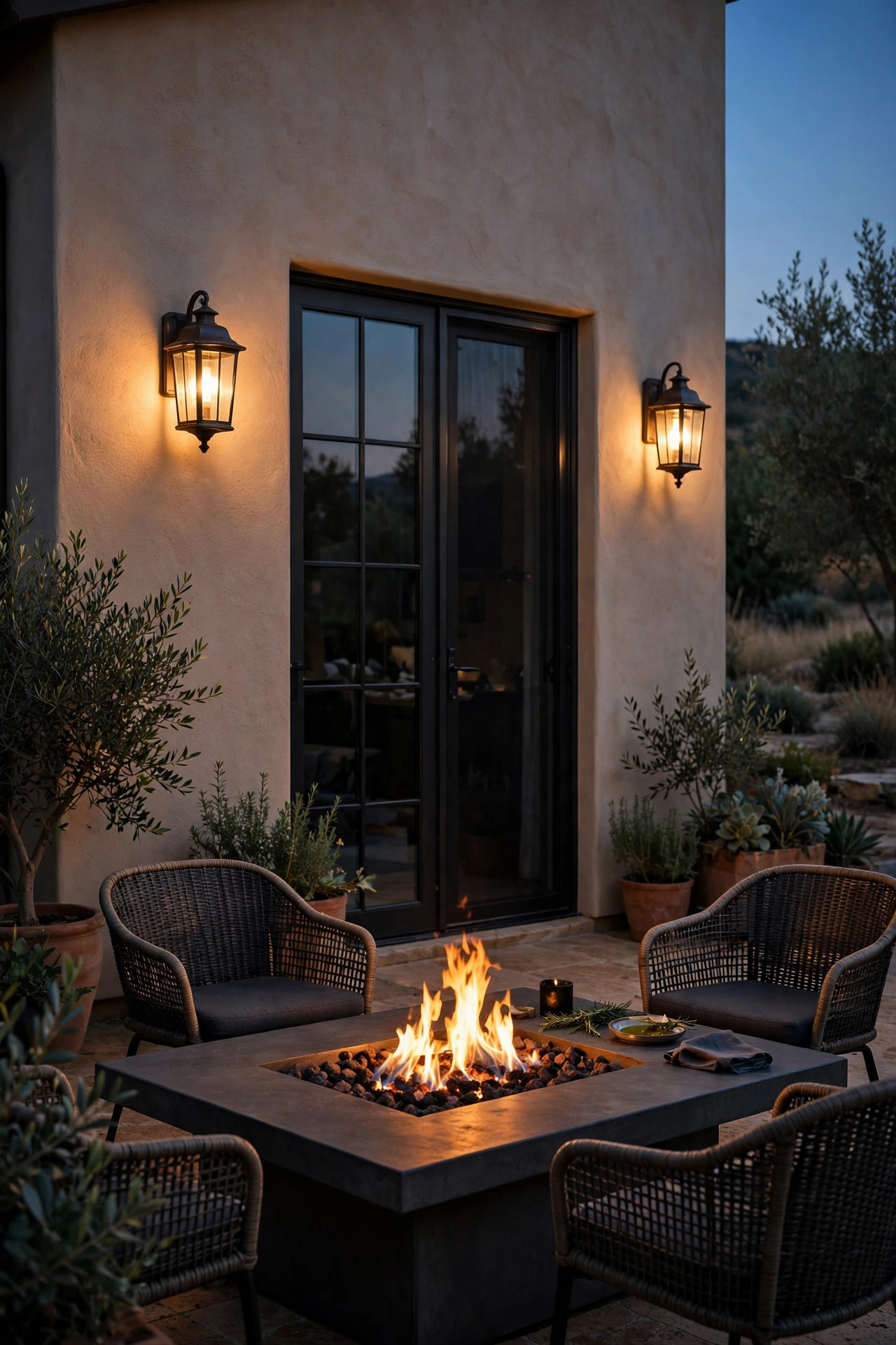 Pair of warm wall sconces flanking a patio door behind an outdoor dining area with a fire table