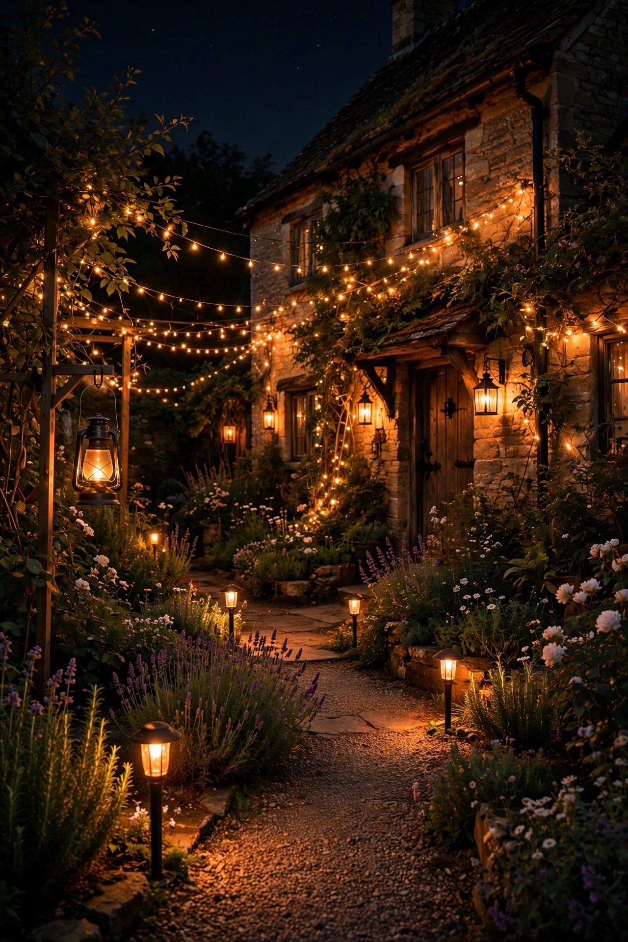 Uniform warm 2700K glow across path lights, lanterns, and fairy lights in a cottage garden at night