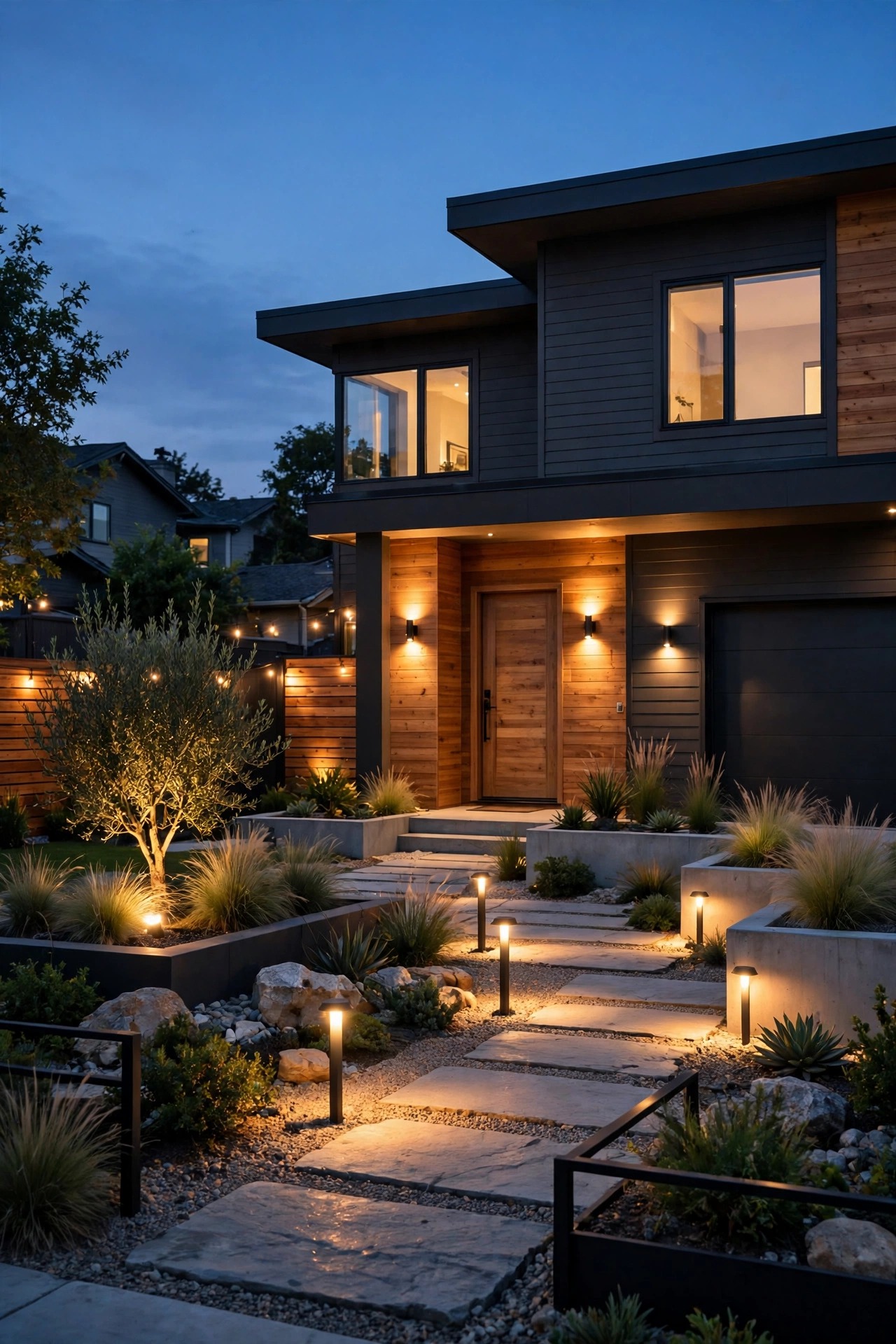 Cohesive modern front yard scene at dusk where every fixture glows the same warm 2700K color temperature