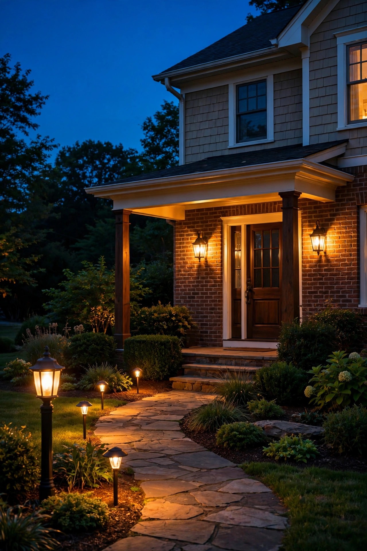 Traditional front yard at dusk where every fixture glows at the same warm 2700K temperature, door lanterns, path lights and post light in harmony