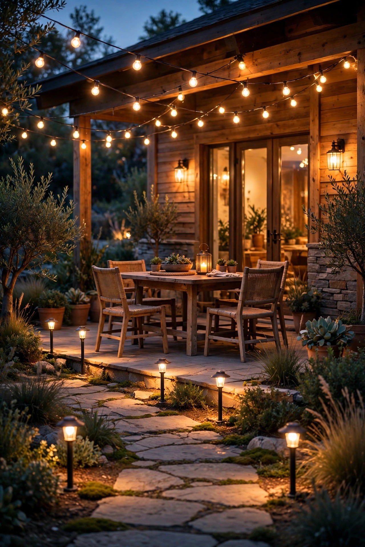 Guest house patio at dusk where every light source glows the same warm 2700K tone across path, table and string lights