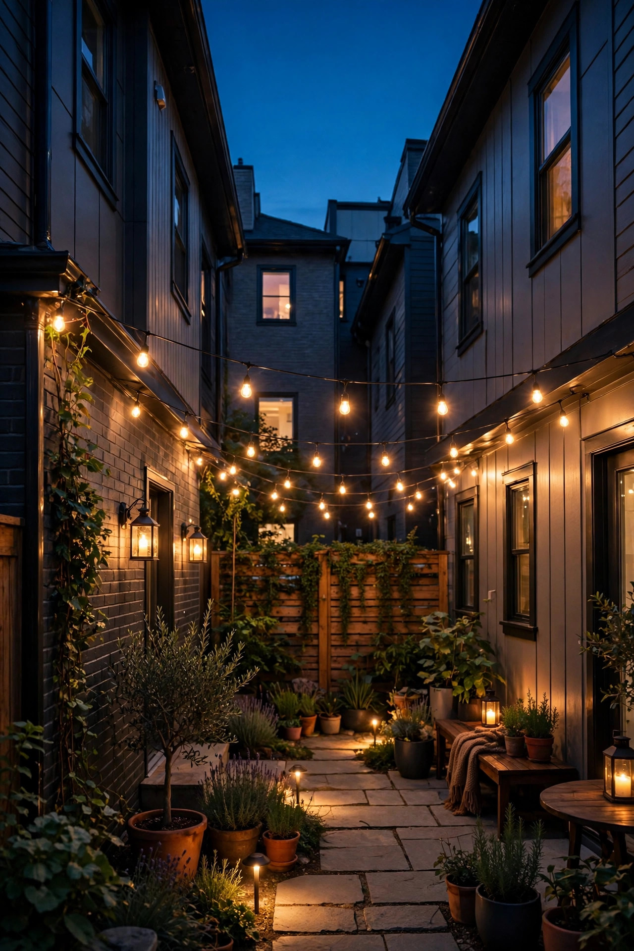 Cohesive warm 2700K lighting throughout a small townhome backyard with string lights, lanterns and path lights
