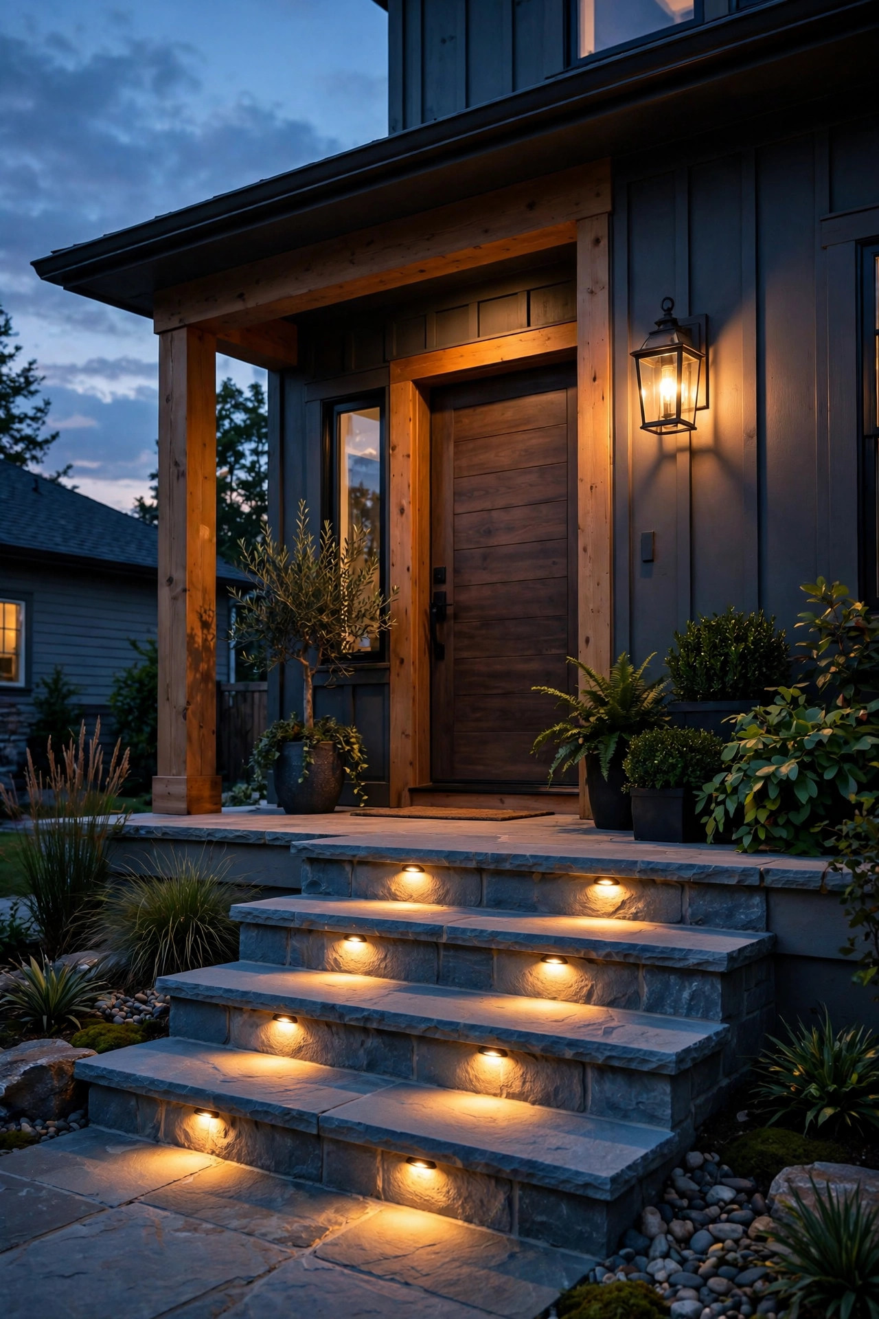 Warm 2700K recessed step lights perfectly matched to the porch lantern glow on a front entry at dusk