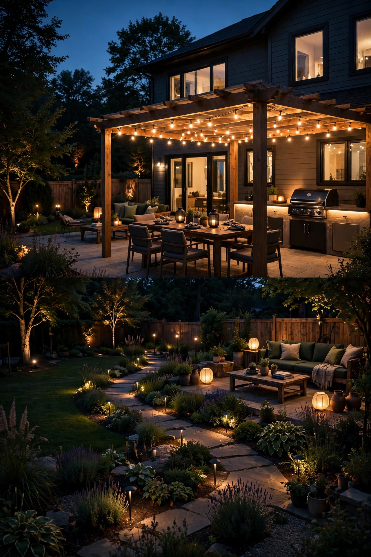 Whole backyard at night with layered dimmable lighting zones at different warm brightness levels