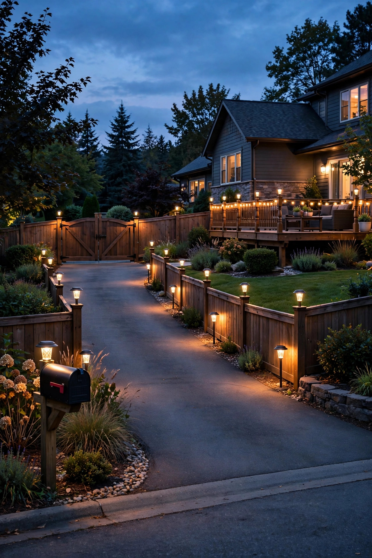 Whole yard at dusk with solar post lights zoning the mailbox driveway fence deck and gates in warm light