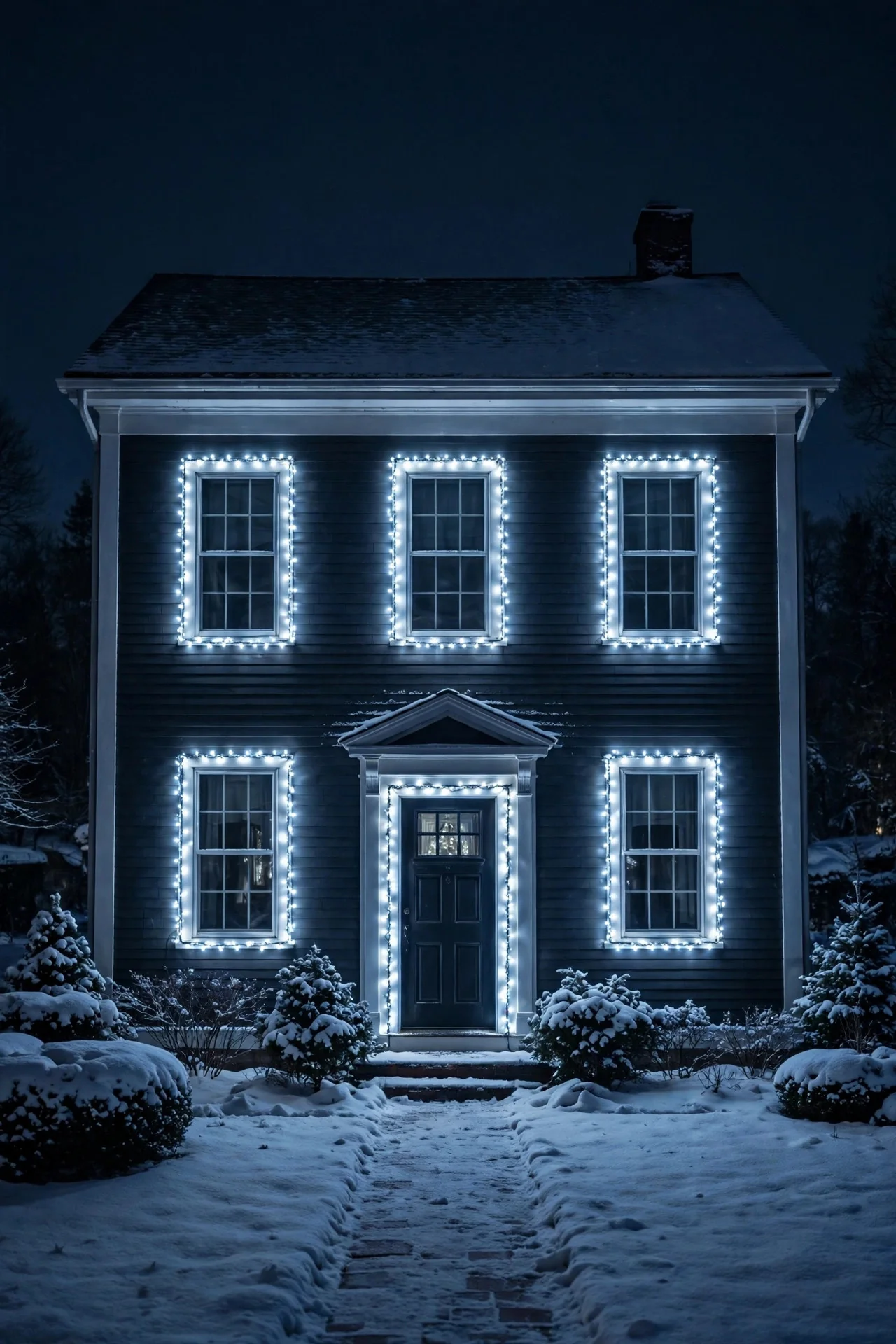 House front windows outlined in crisp white Christmas lights at night