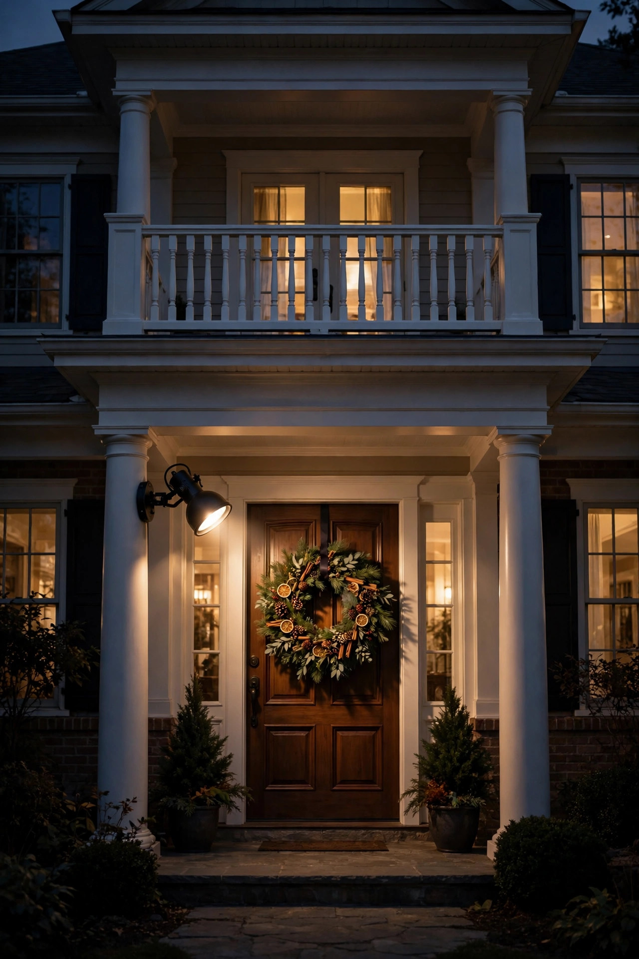 Adjustable spotlight highlighting a seasonal wreath on the front door of a two-story portico at night