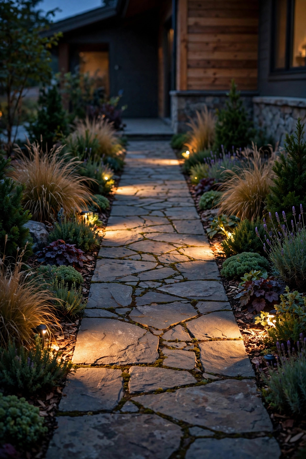 Small accent spotlights hidden in border plantings raking warm light across a narrow stone walkway