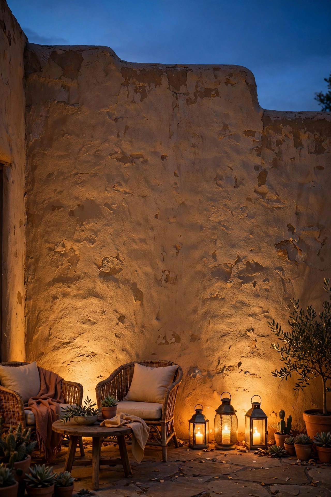Warm light grazing up a textured adobe stucco wall behind patio seating with lanterns at its base