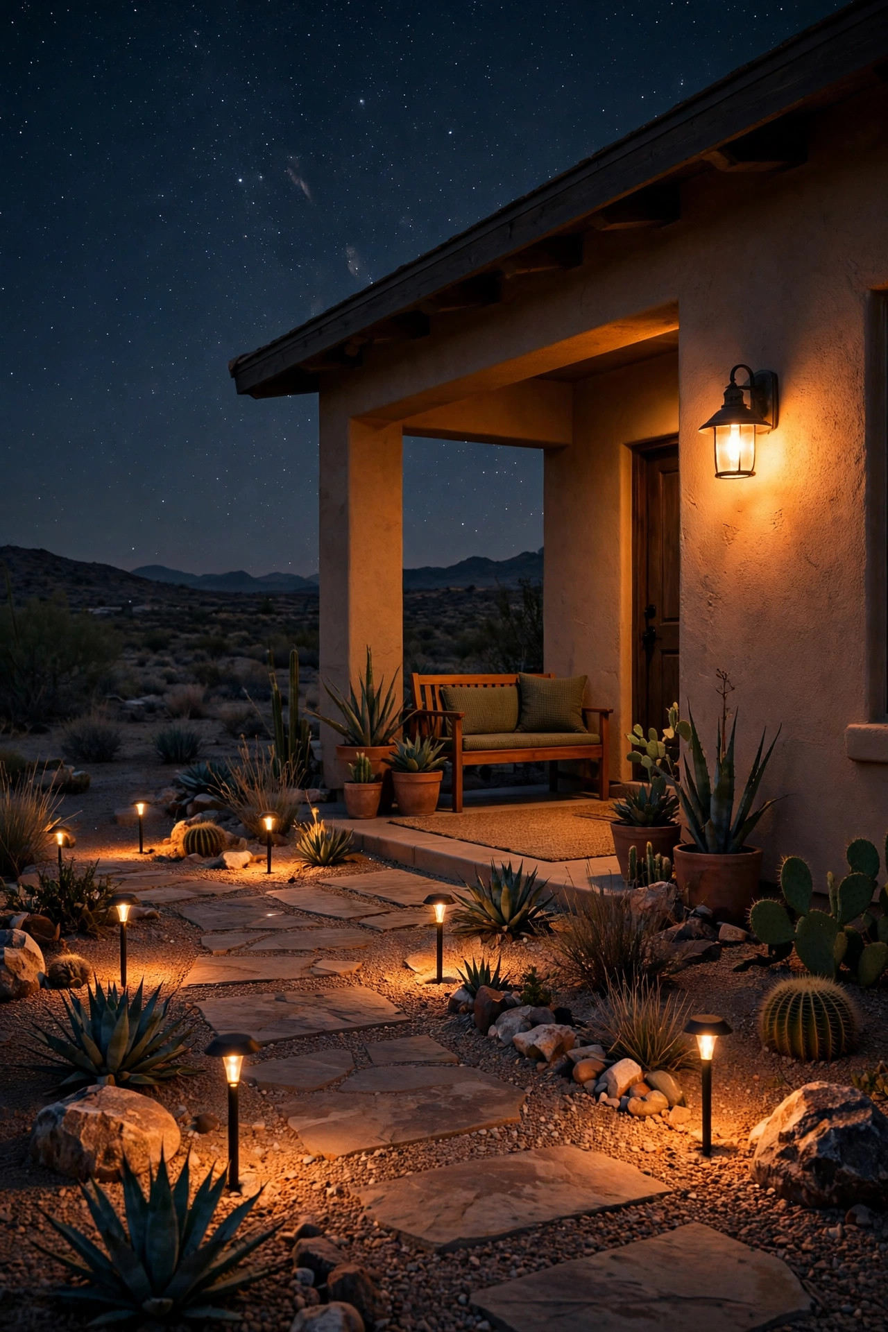 Desert backyard bathed in soft amber 2200K light from path lights and a porch sconce under a dark starry sky