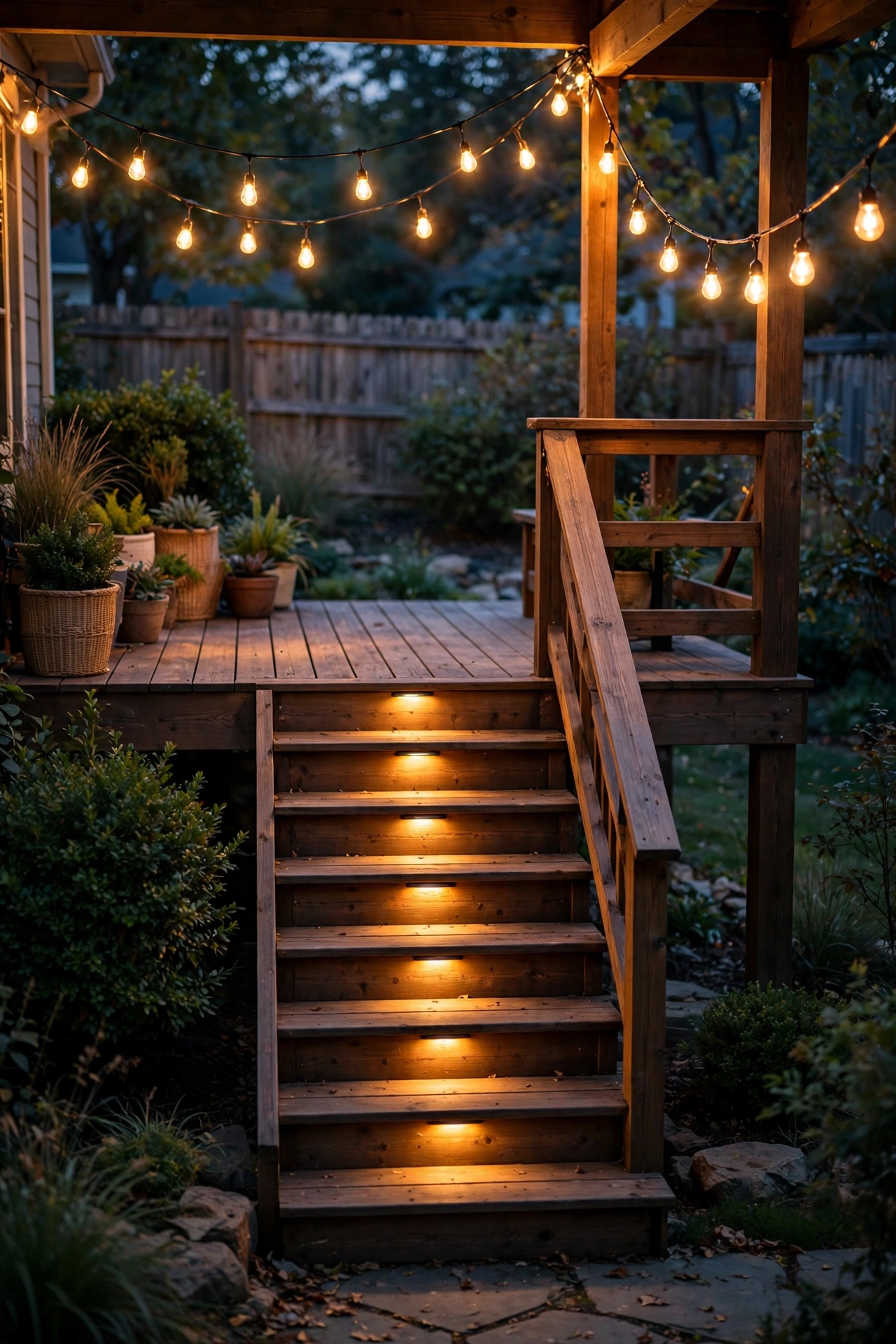String lights above deck stairs adding ambient glow over step lighting