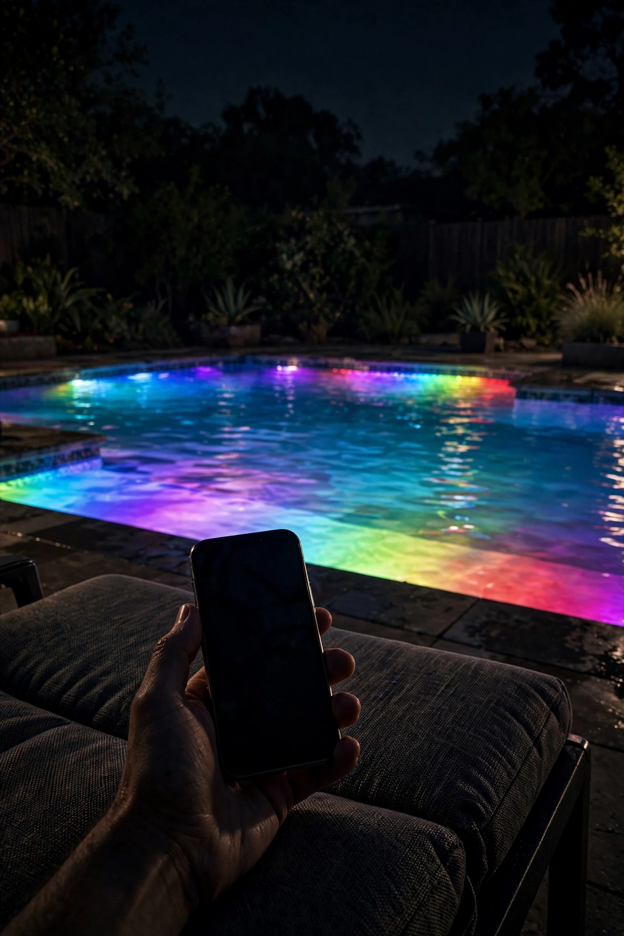 Smartphone app controlling colorful pool underwater lights from the deck at night