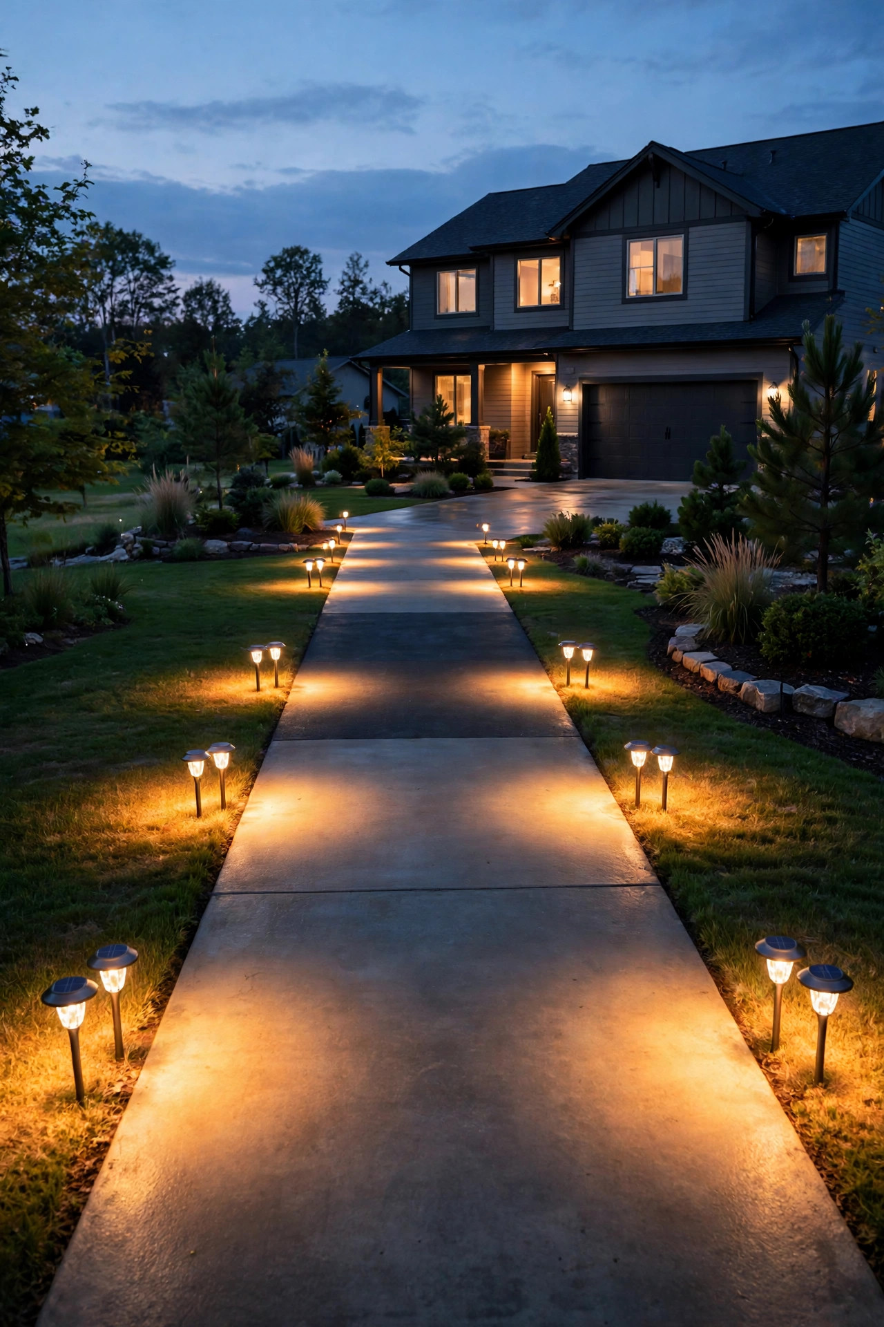 Solar driveway lights glowing along a driveway at dusk in neat synchronized zones of warm light