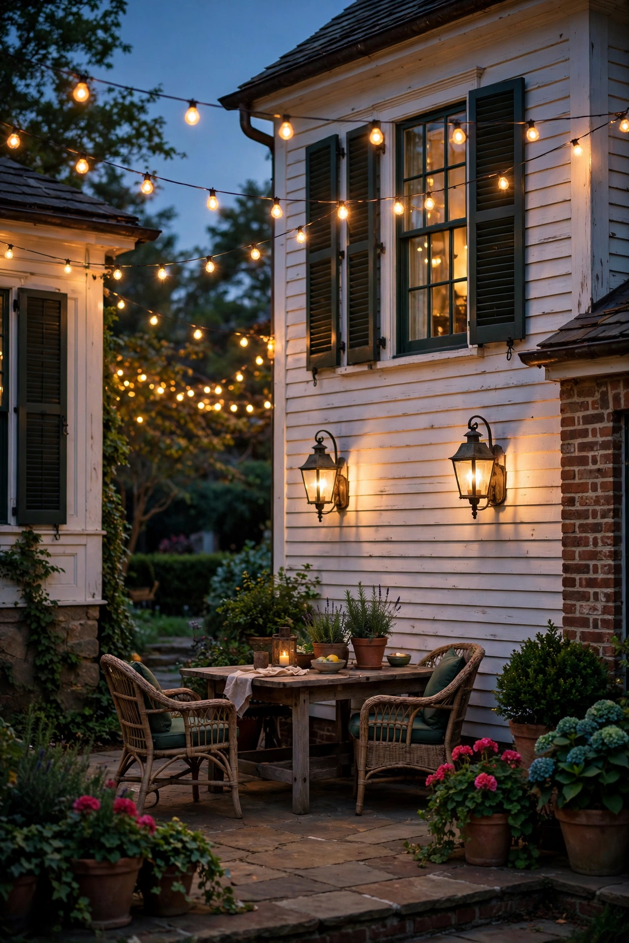 Colonial back patio with carriage sconces and warm string lights glowing at dusk