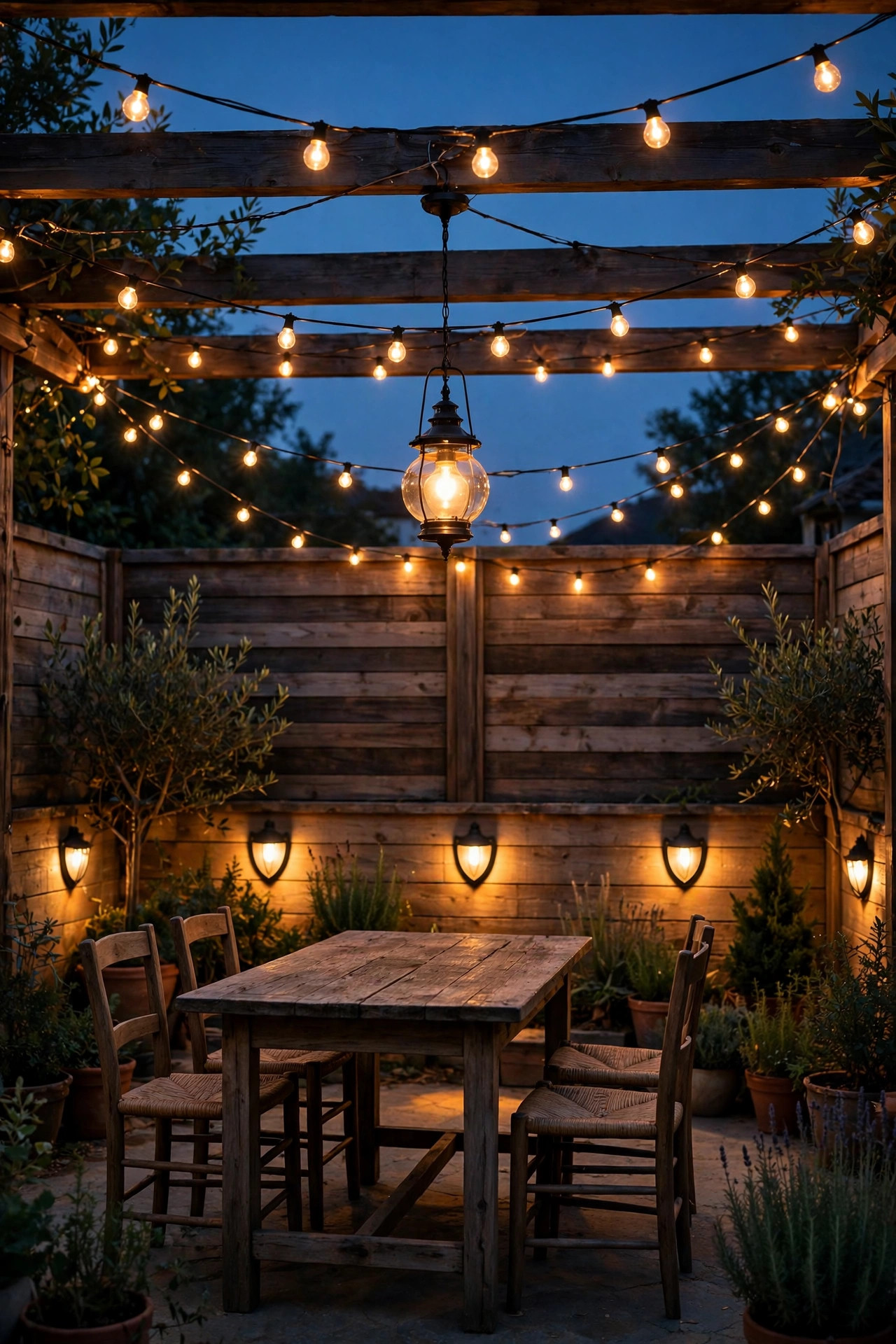 Back patio at dusk with a warm pendant over the table, string lights and shielded sconces below the fence line