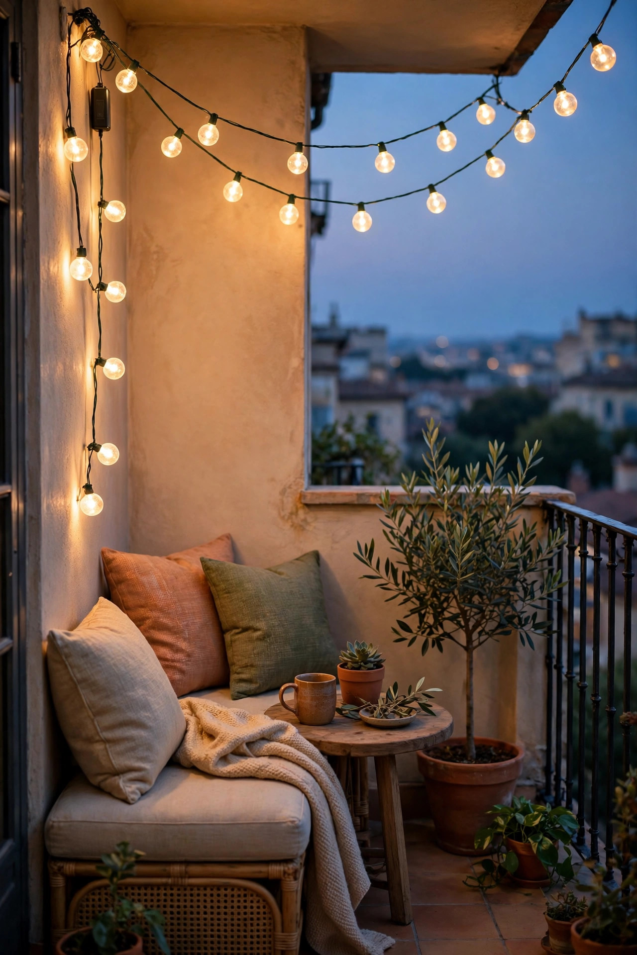 Battery globe string lights glowing like small moons over a small balcony seating corner
