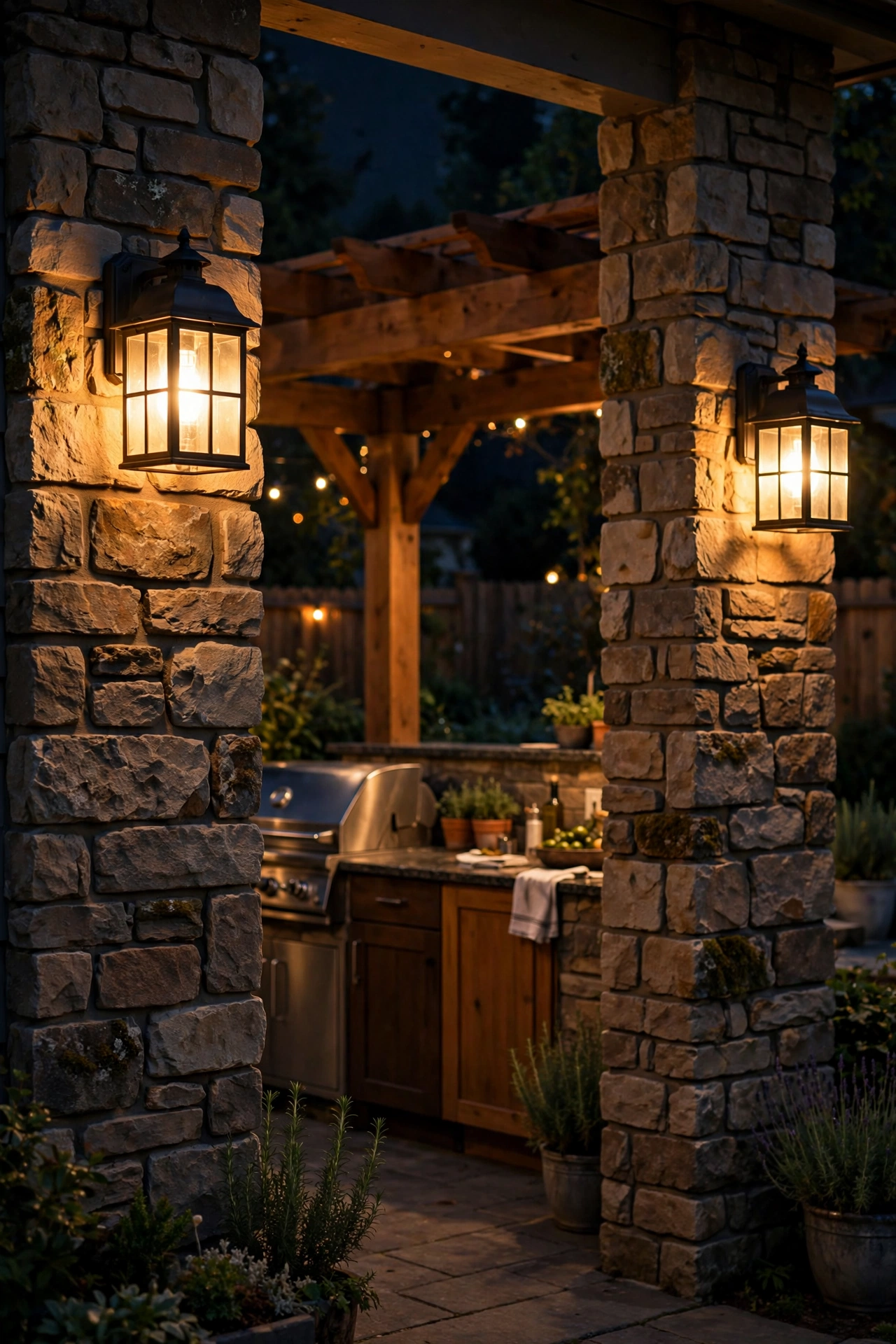 Battery-powered wall sconces glowing on pillars framing outdoor kitchen entrance at night