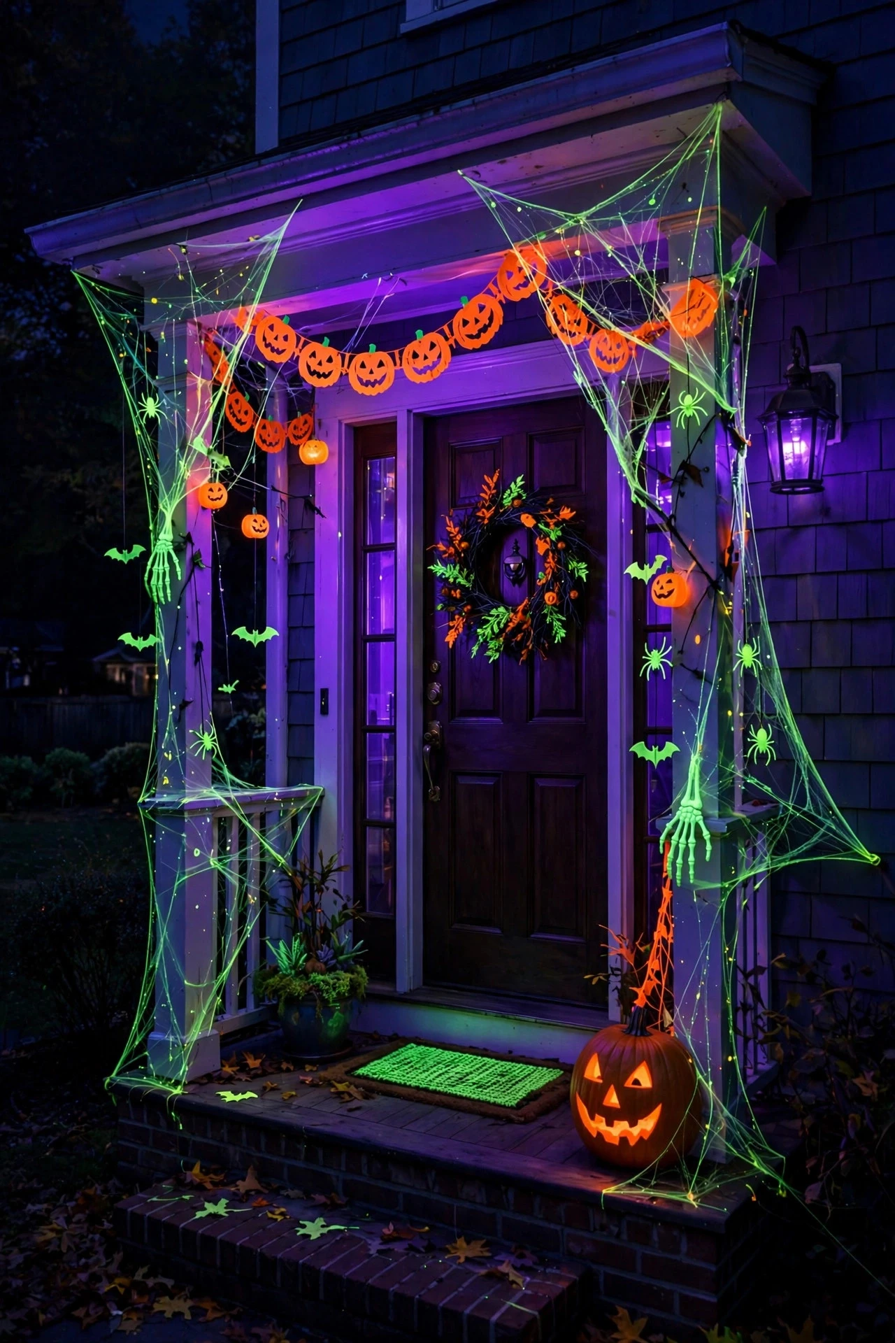Small porch entry glowing under purple blacklight with fluorescent Halloween decorations