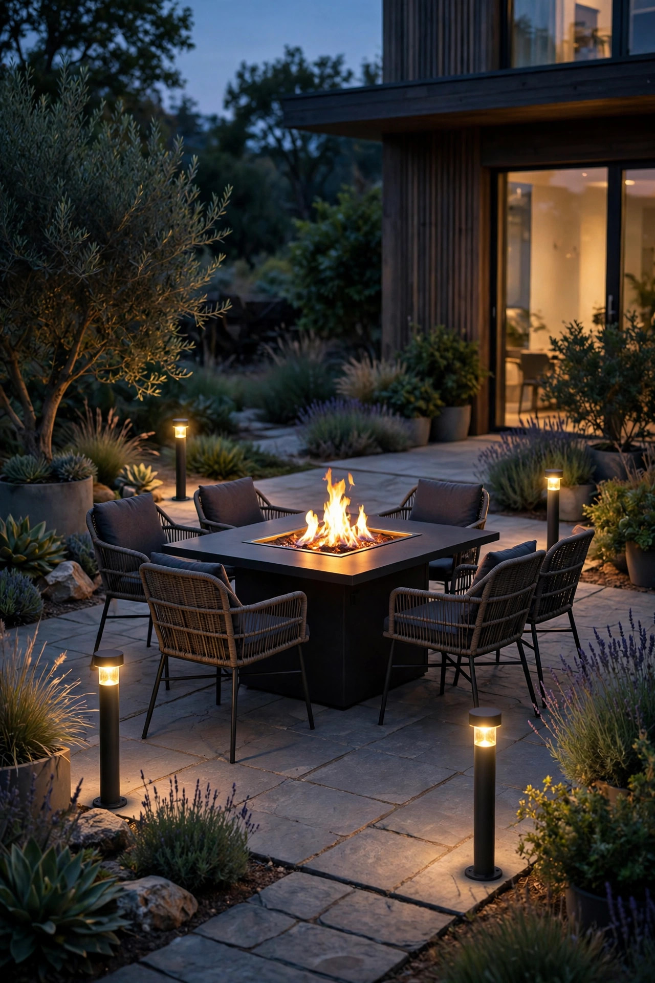 Short bollard lights marking the corners of a patio dining zone around a fire table at dusk
