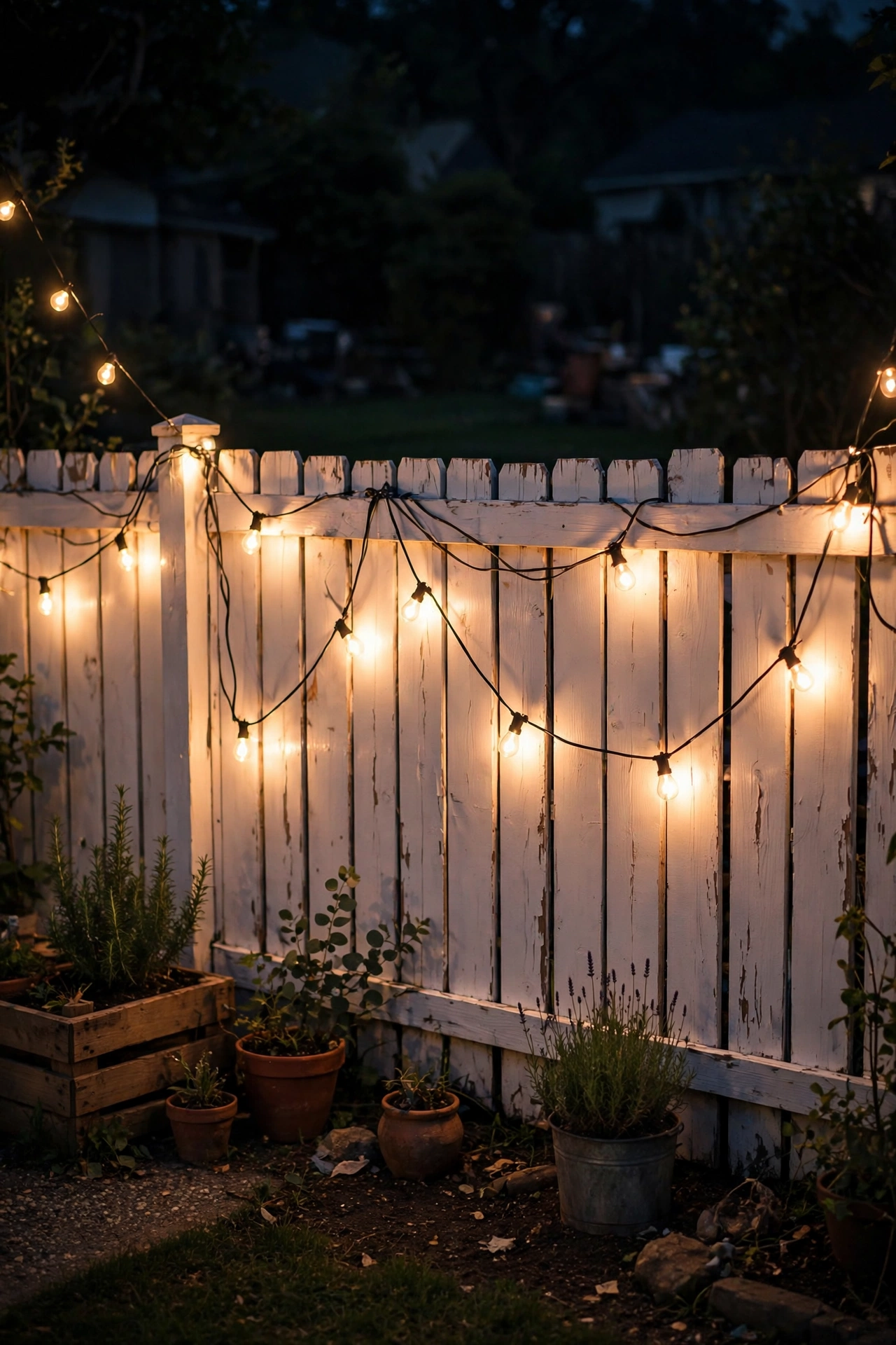 String lights glowing against a white painted fence with light bouncing softly at night