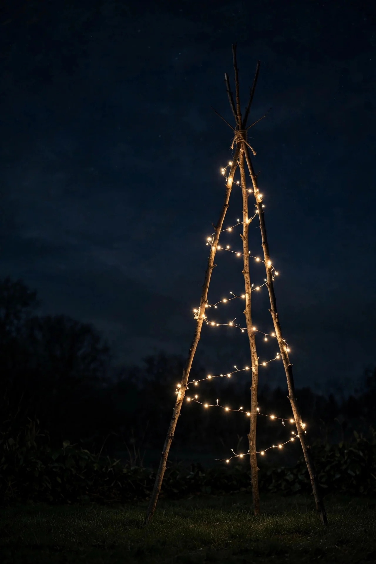 Tripod of bare branches wrapped sparsely in warm fairy lights standing in a yard at night