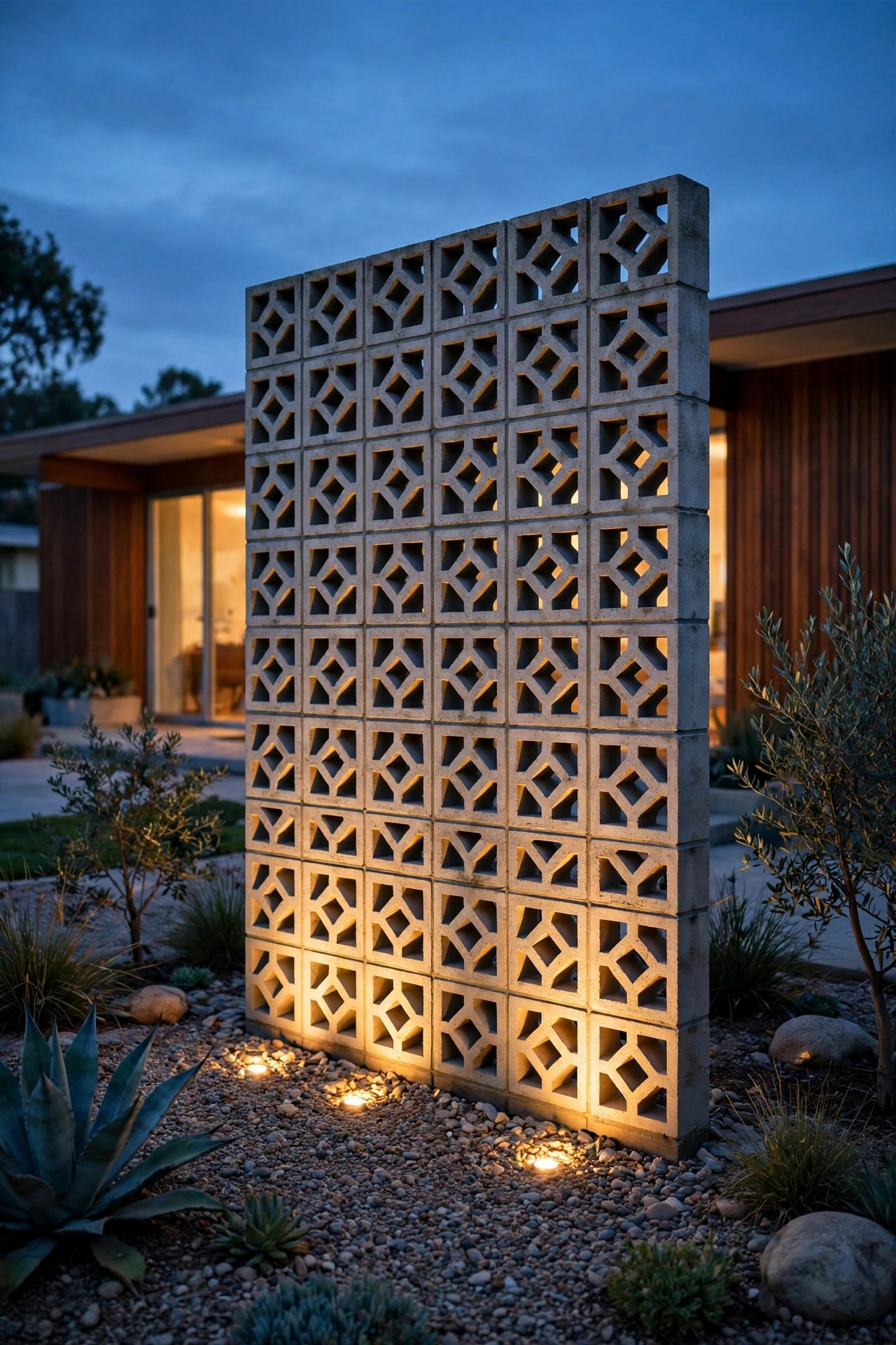 Breeze block screen wall washed with warm uplight from a gravel bed in a mid-century modern front yard