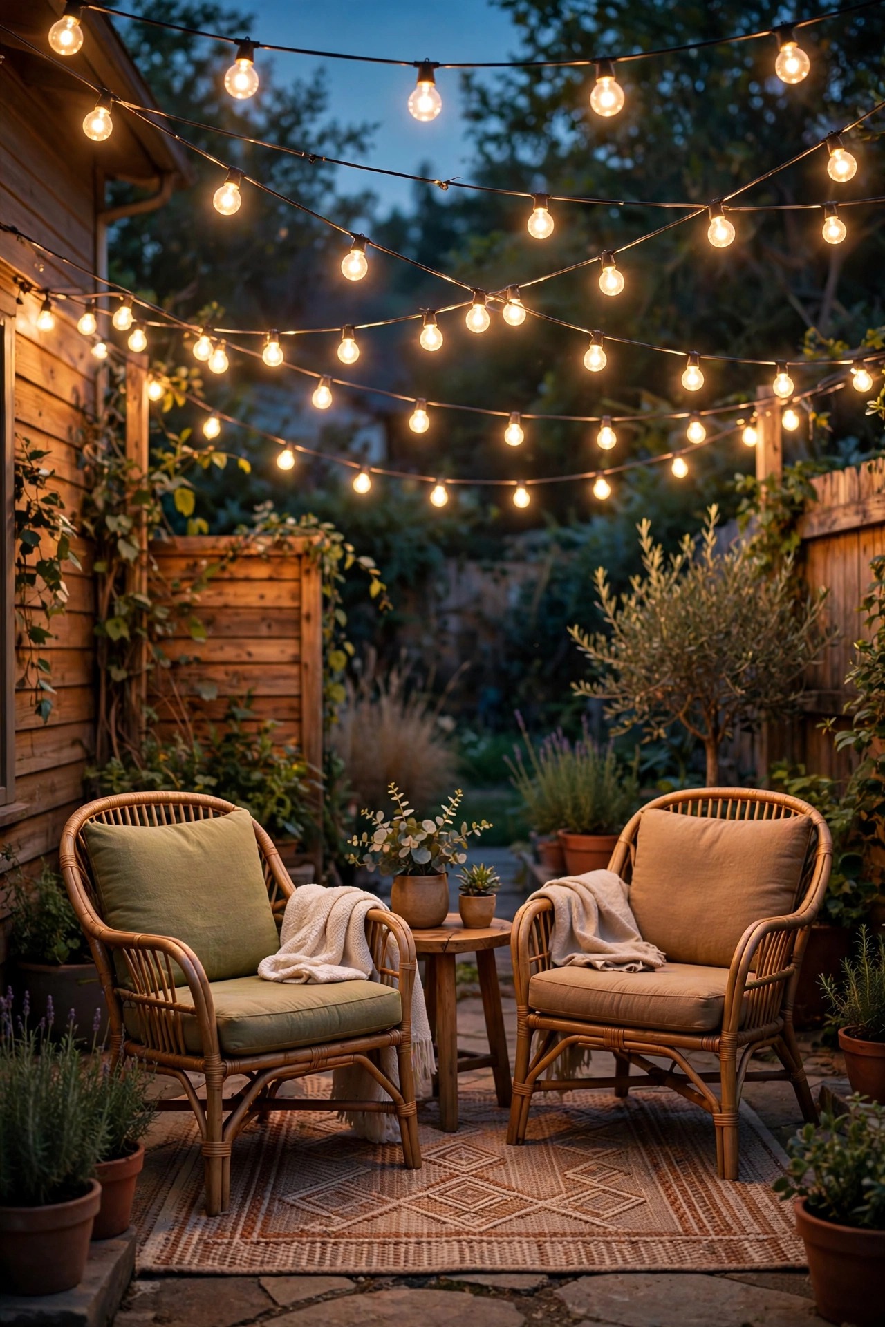 Crisscross canopy of warm globe string lights over a cozy backyard lounge corner with two chairs