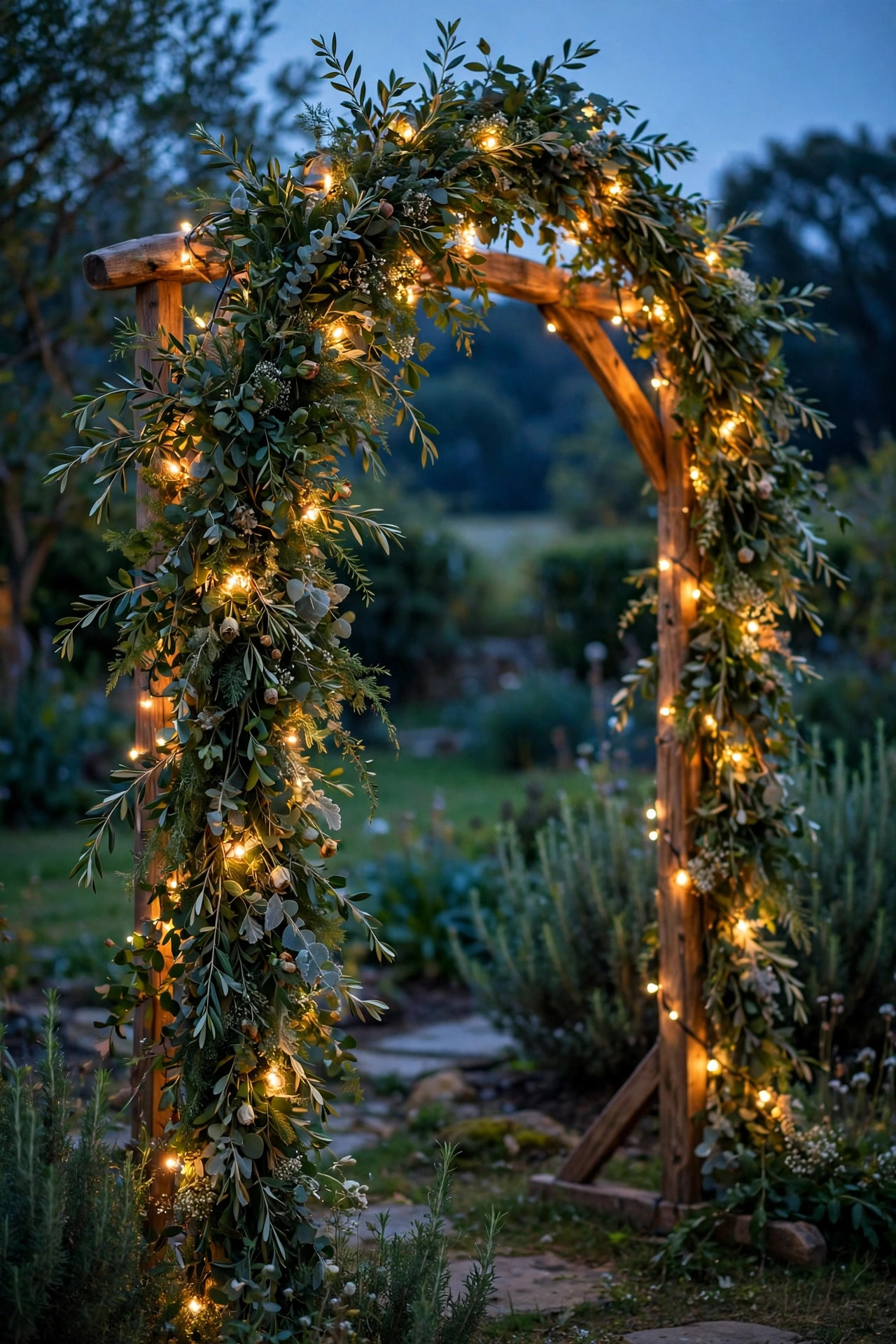 Wedding ceremony arch wrapped with greenery and warm fairy lights glowing at dusk