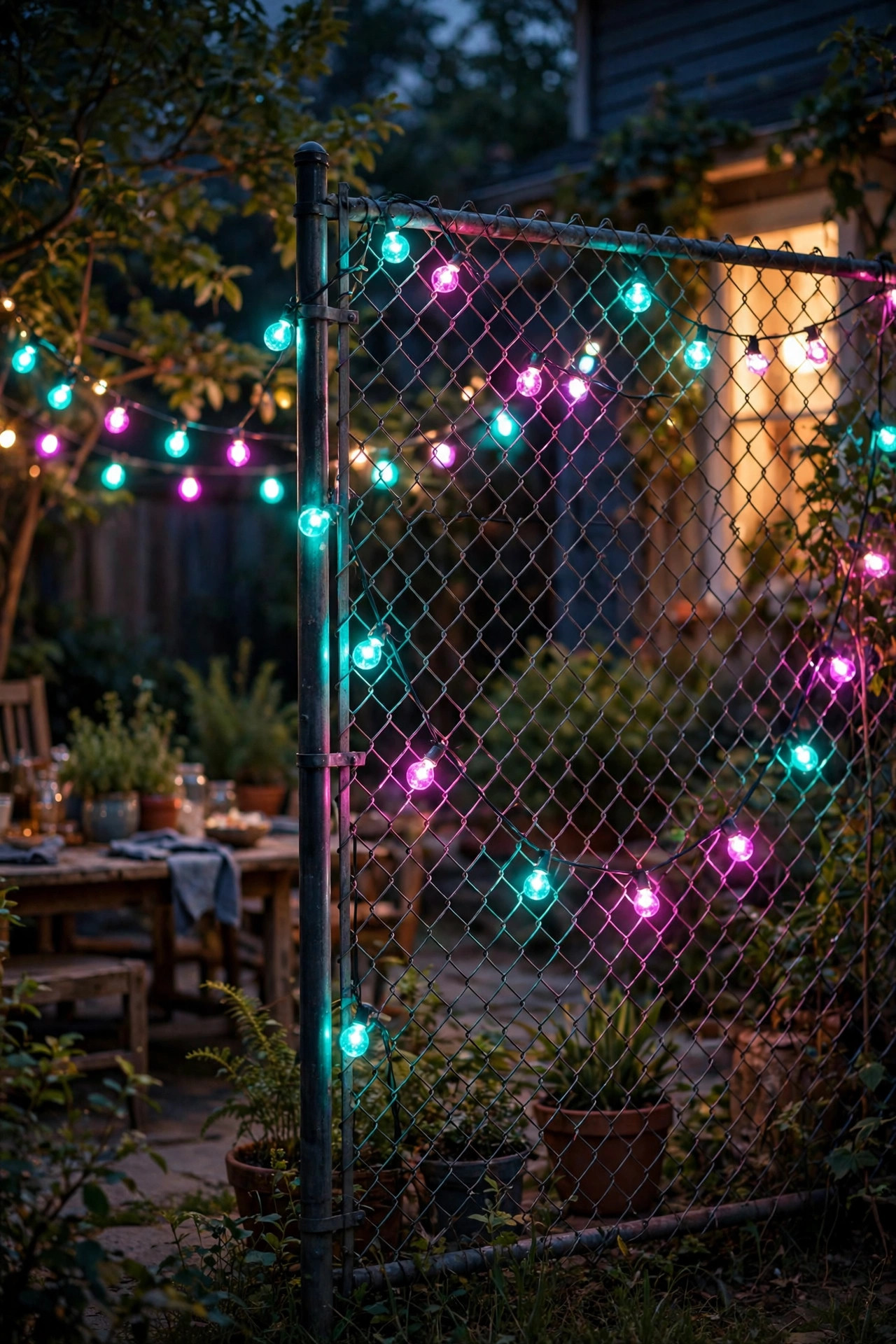 Chain-link fence string lights glowing in festive teal and magenta colors during a backyard party at night