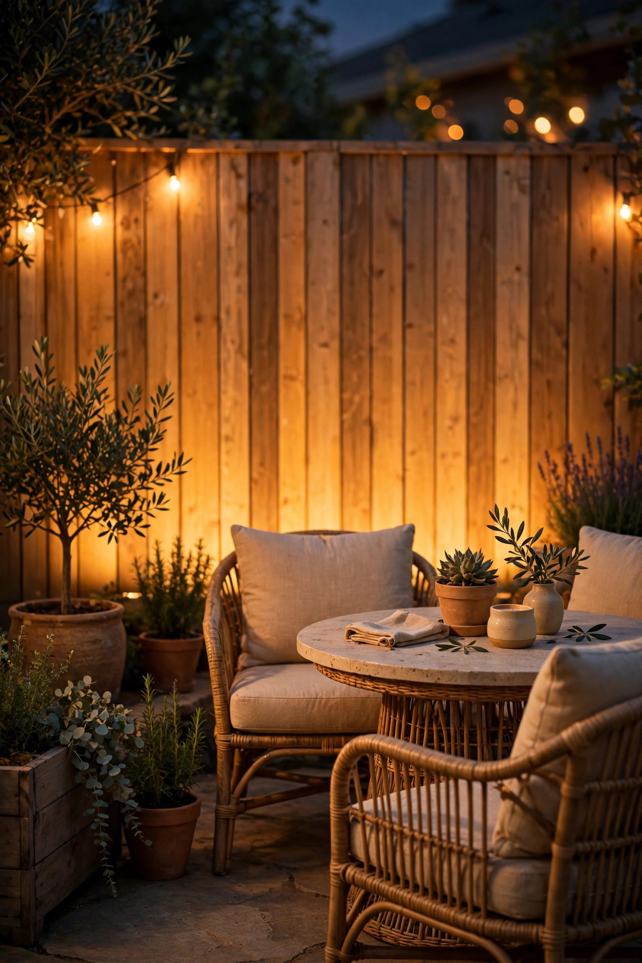 Backyard wall washed in rich magenta light from a color changing LED flood as a themed party photo backdrop