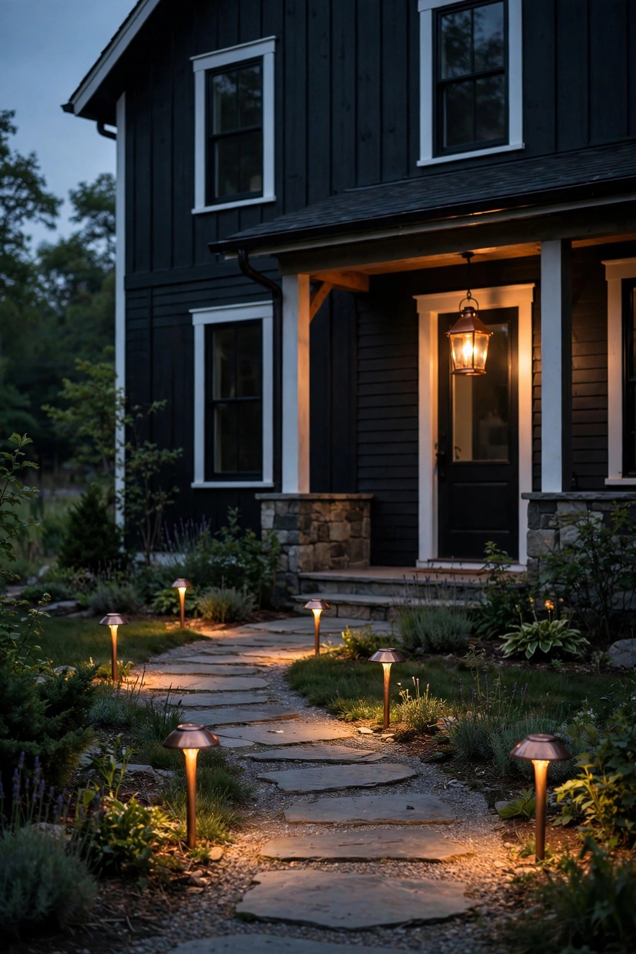 Copper path light caps and a copper-trimmed lantern warming up a black and white farmhouse exterior