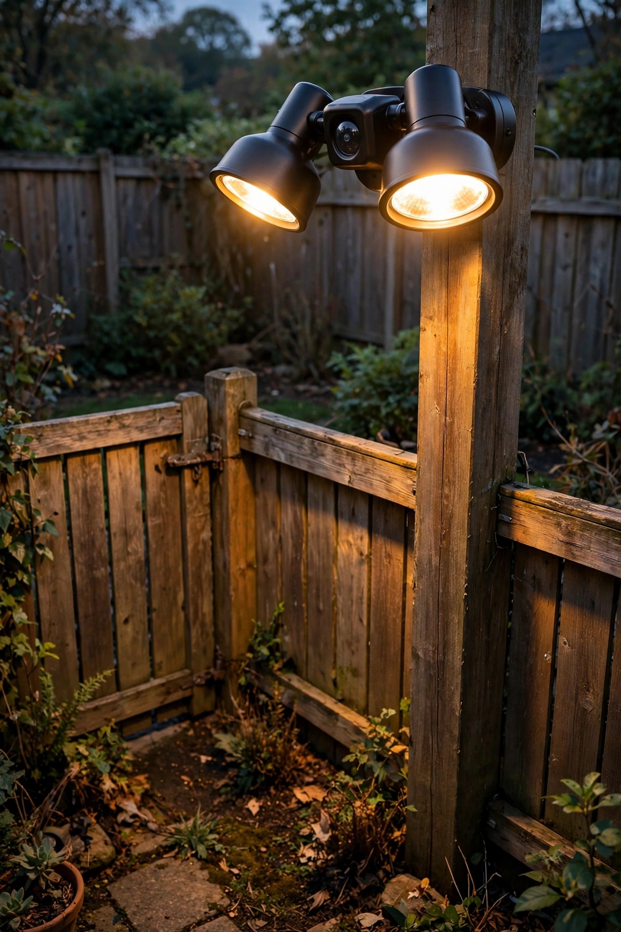 Dual-head motion sensor flood light mounted on a fence post aimed down into a backyard gate corner