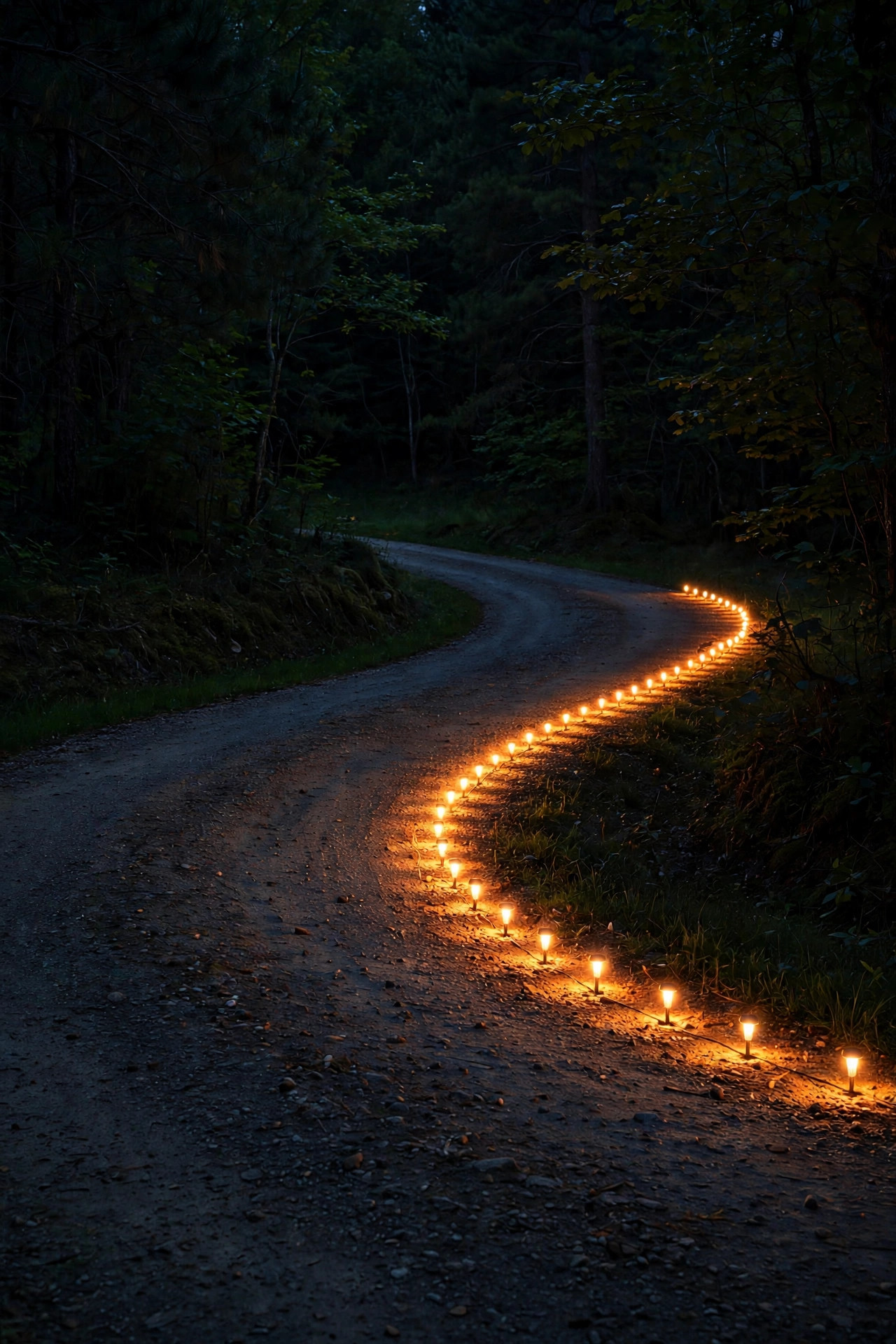 A cluster of brighter marker lights guiding a bend in a long driveway at night