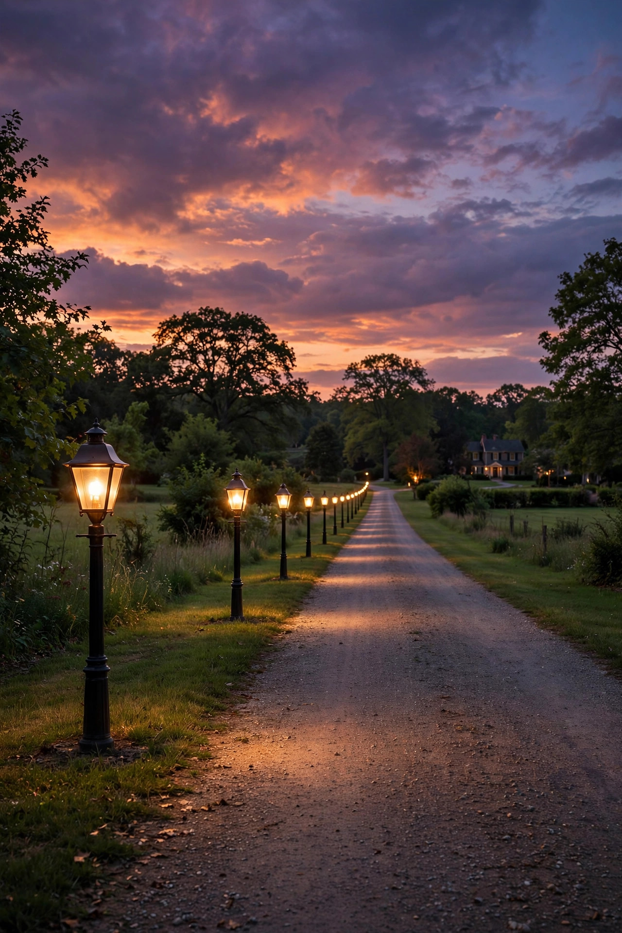 Row of classic lantern posts lighting a long country driveway at dusk