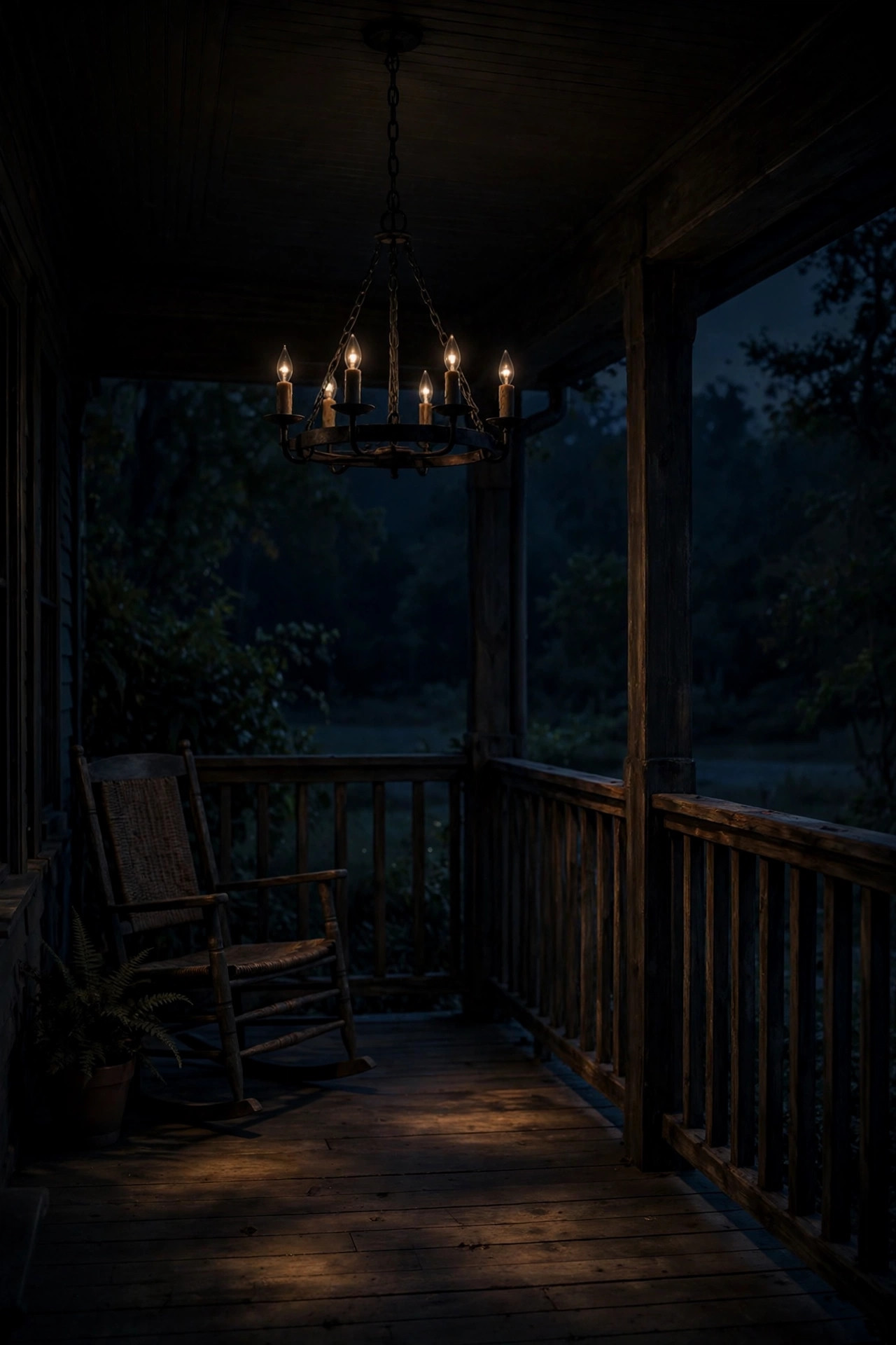 Outdoor chandelier dimmed to a soft warm glow on a porch at night