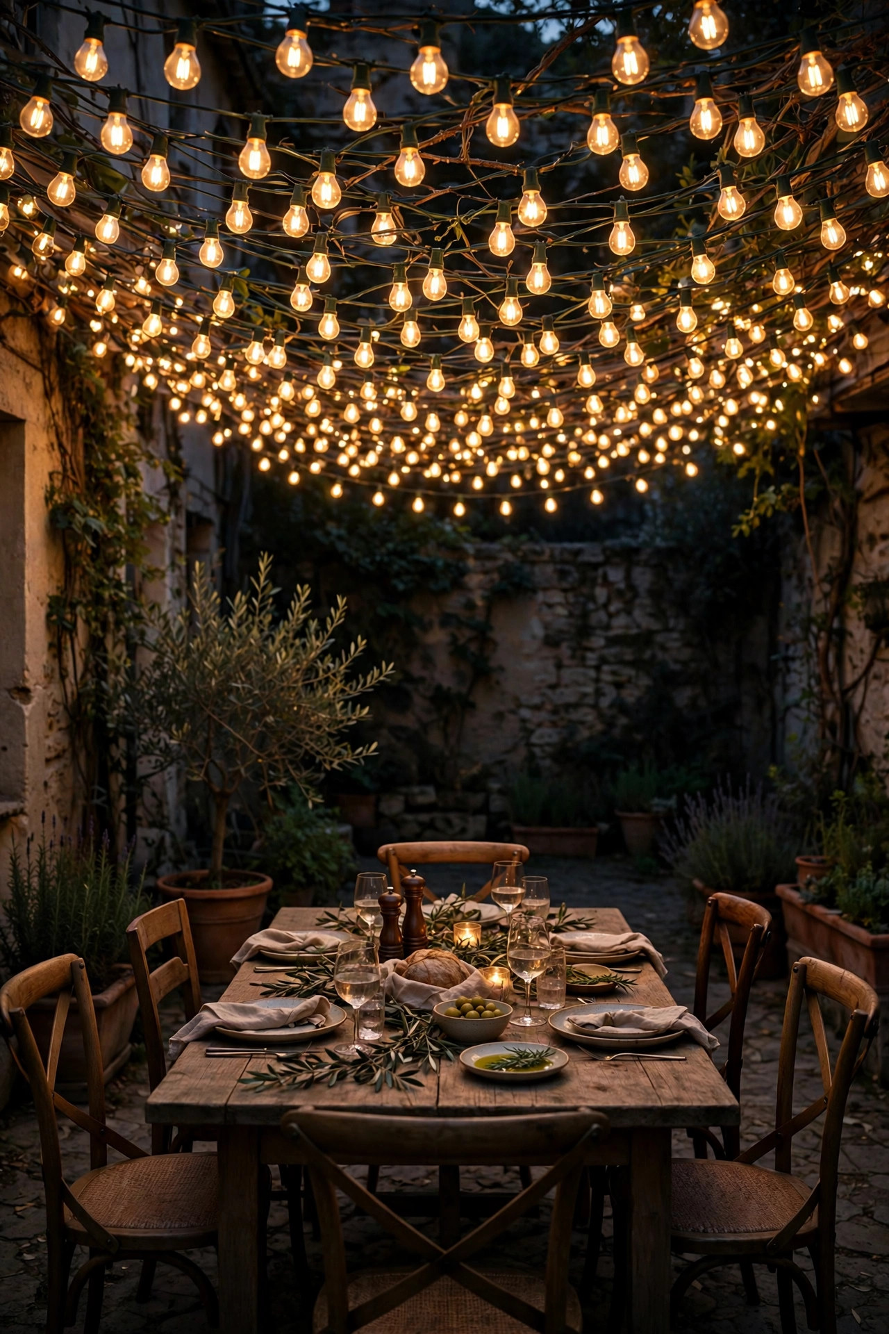 Dense string light canopy clustered over a courtyard dining table with the rest of the space in soft shadow