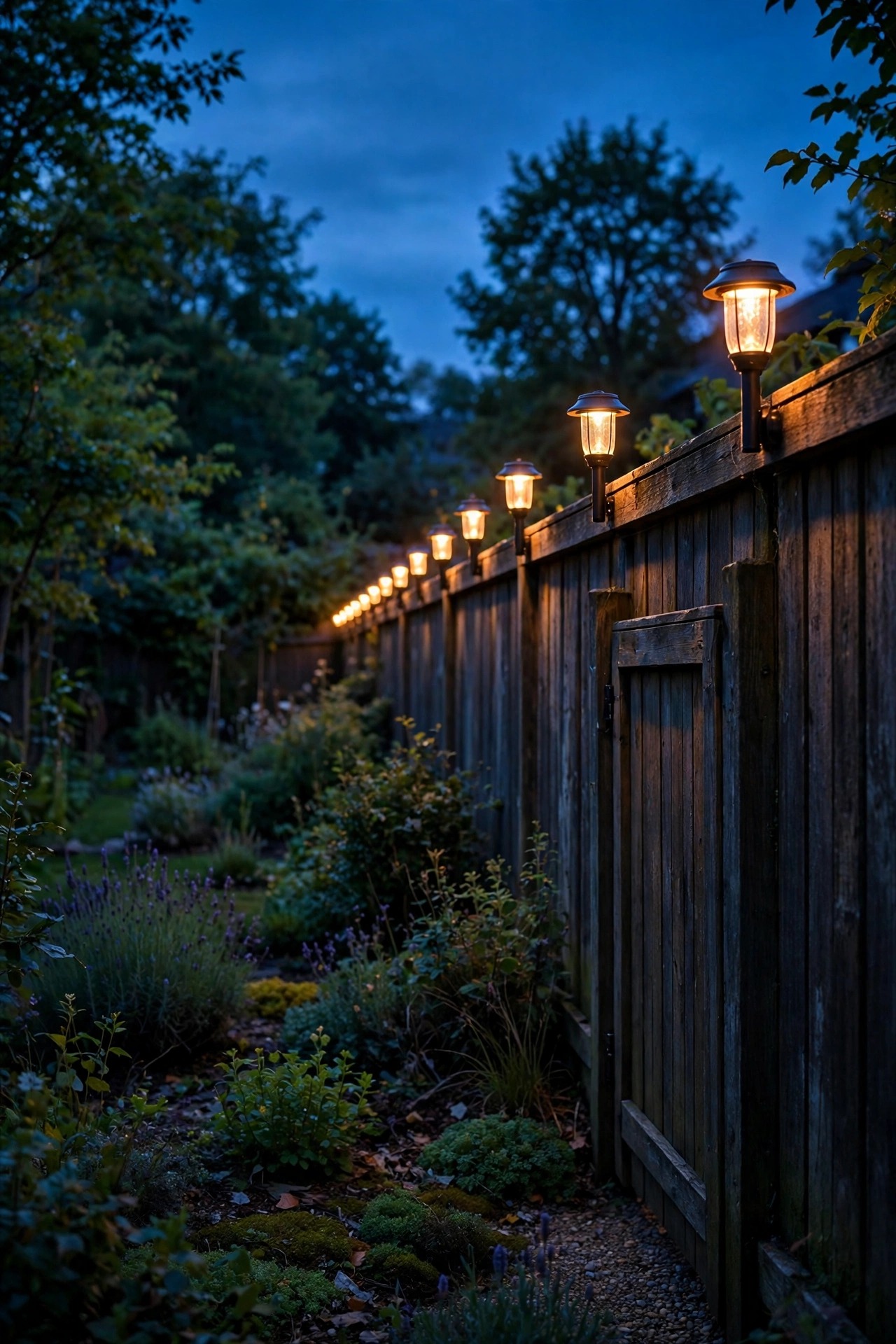 Dusk-to-dawn sensor lights glowing automatically along a backyard fence and gate at twilight