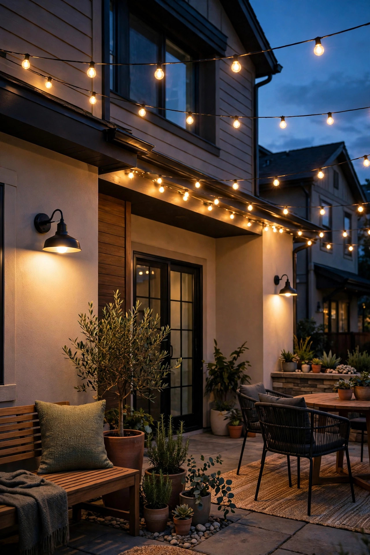 Townhome patio lights switching on automatically at dusk with sconces and string lights on a timer