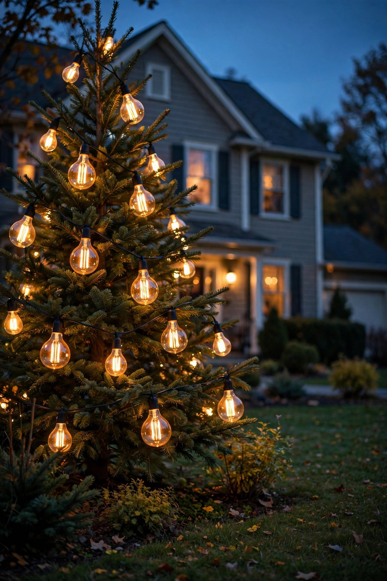 Christmas tree with warm Edison-style bulbs glowing against dark branches at dusk